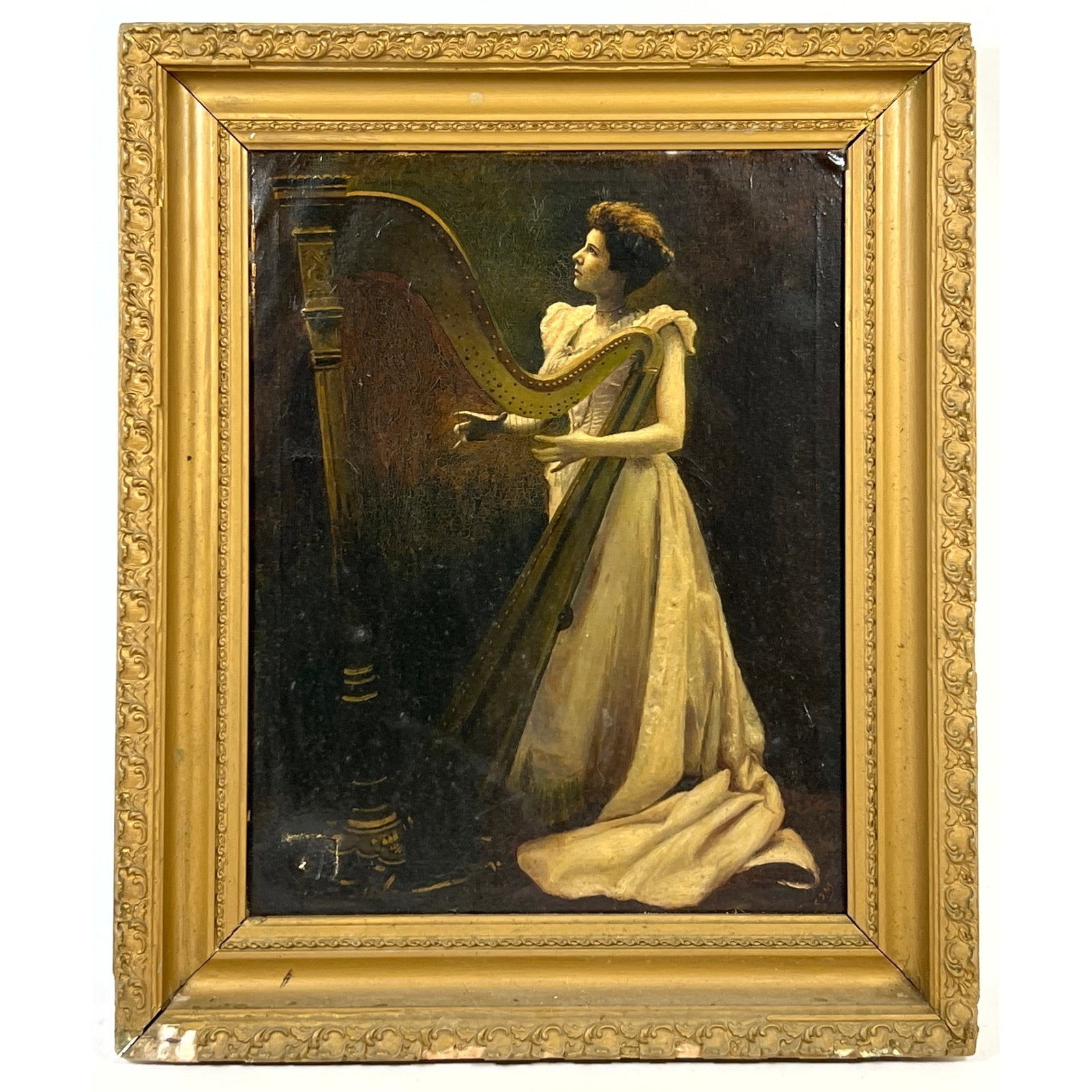 Antique Portrait Painting on Canvas. Signed CSM. Woman at Harp. (1 of 12)