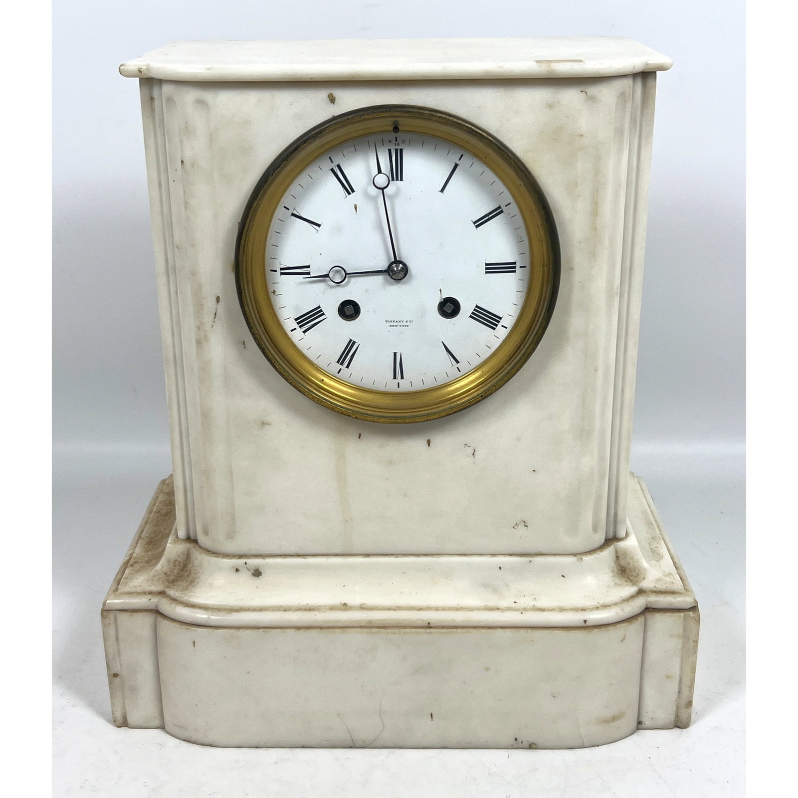 Tiffany mid-19th-century French neoclassical mantel clock featuring a white marble case. New York (1 of 14)