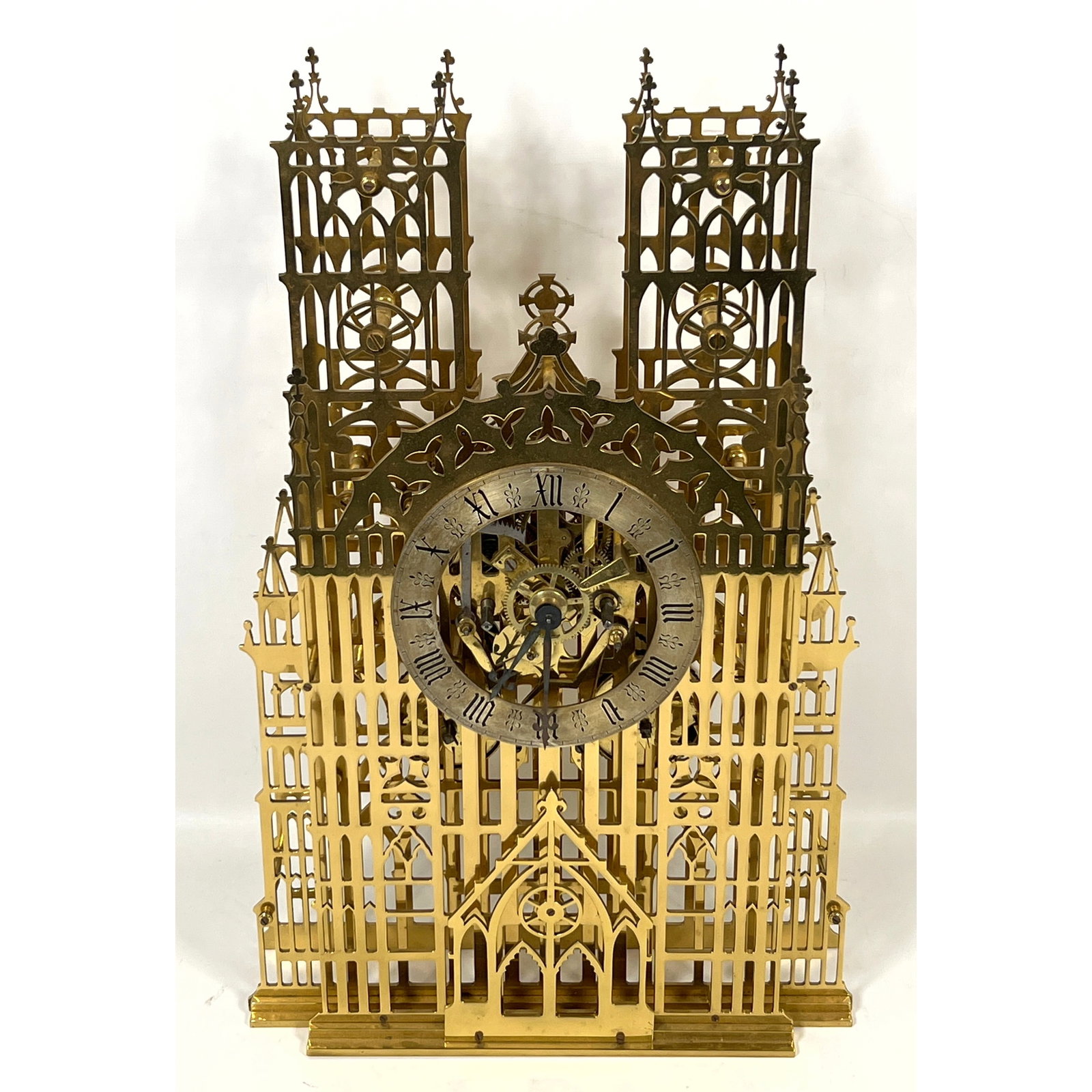 Large Victorian brass skeleton clock modeled after the architectural facade of York Minster. The cas (1 of 14)