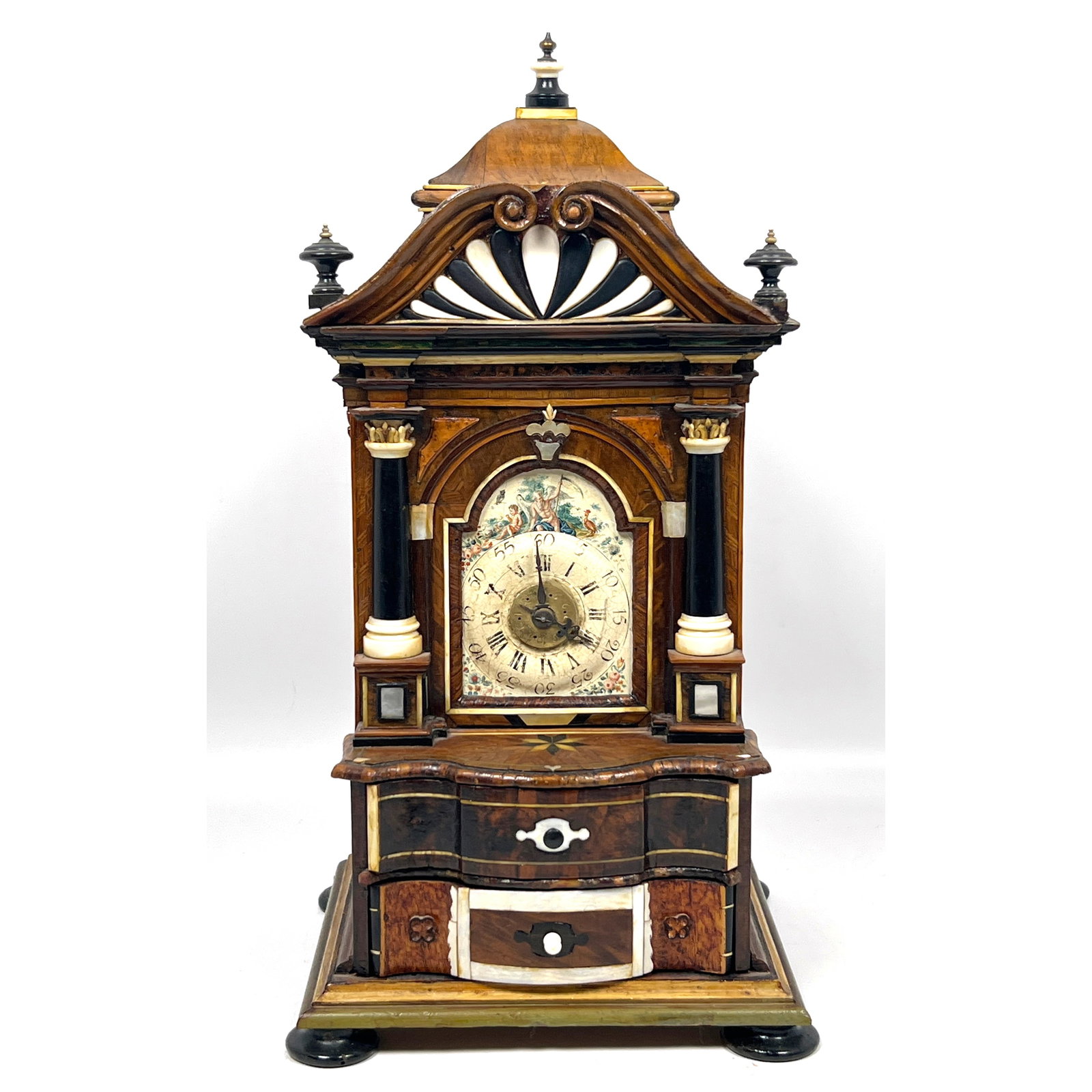 Antique miniature architectural mantel clock features a multi-wood case decorated with intricate mar (1 of 14)