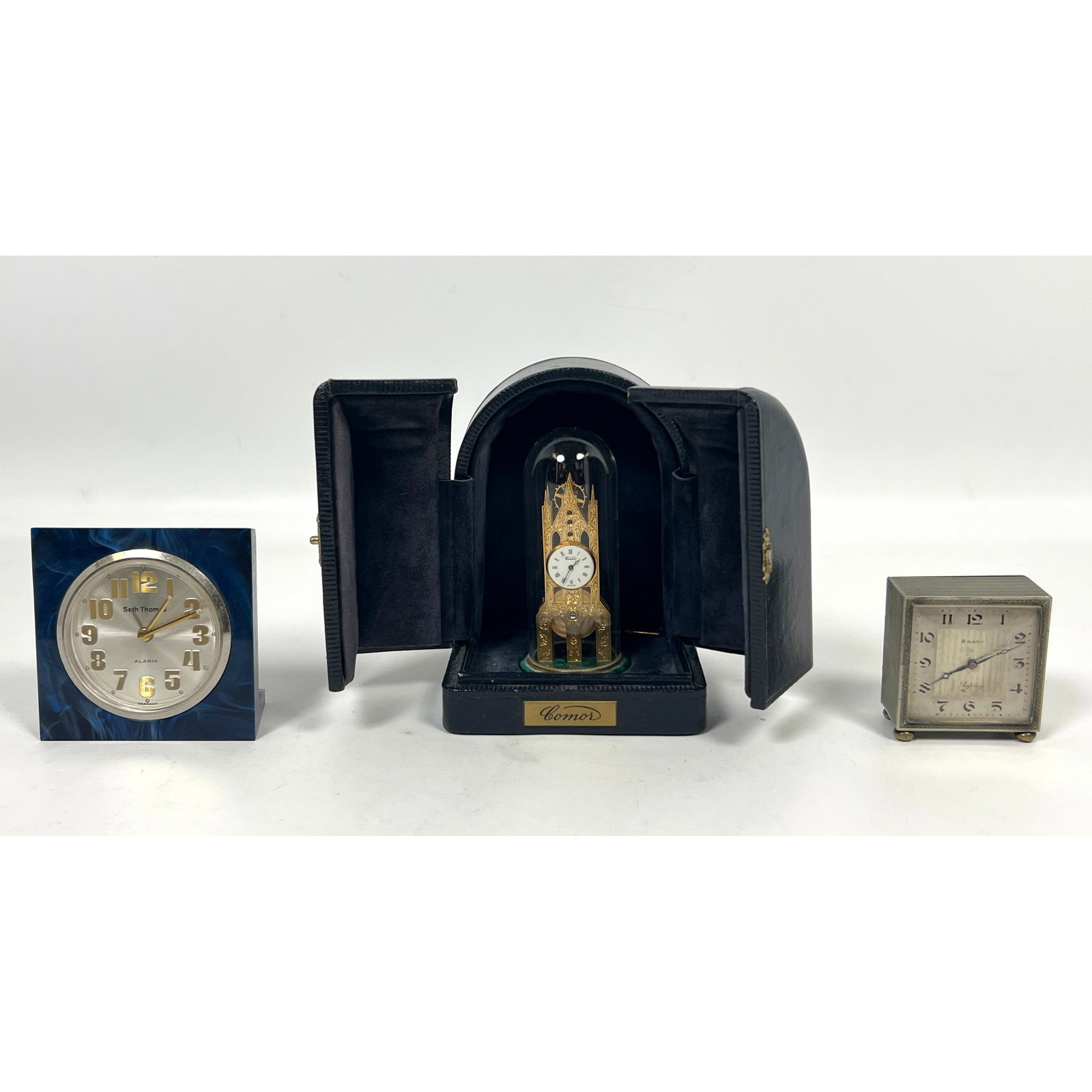 3pcs Miniature desk clocks. Comor in fitted box, Seth Thomas Acrylic, Asprey Tooled Silver. (1 of 17)