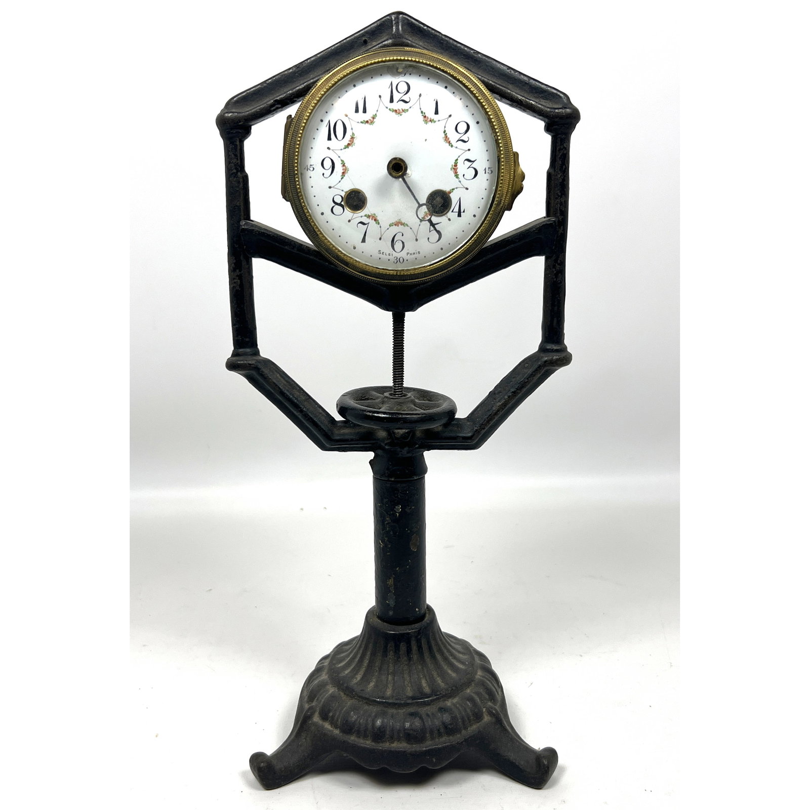 Antique desk clock featuring a movement by Selsi Paris, integrated into an adjustable industrial-sty (1 of 12)