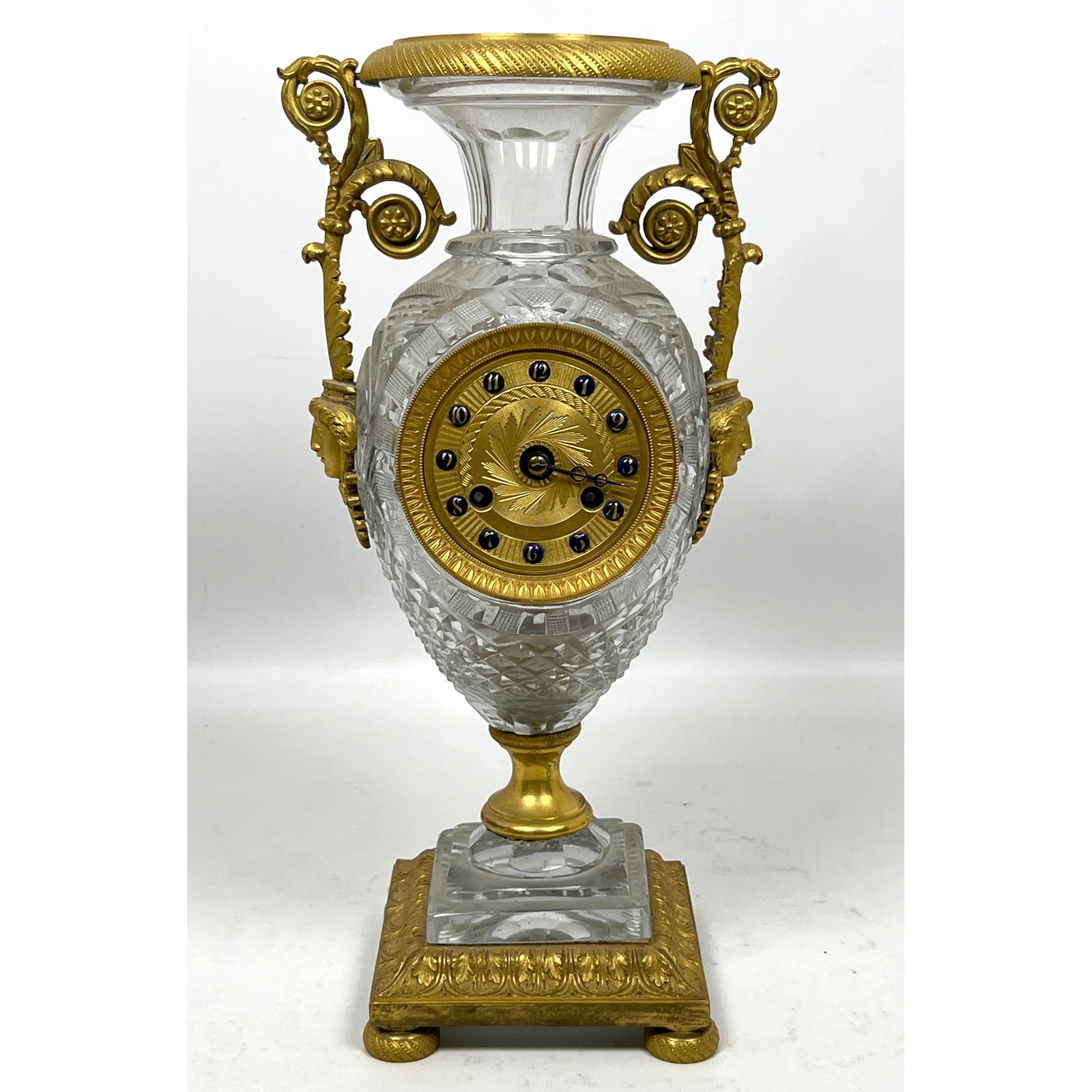 19th c. Engraved Crystal, Gilt Bronze Urn form Clock. Crystal Urn Form has Gilt Bronze Mounts: Face, (1 of 12)