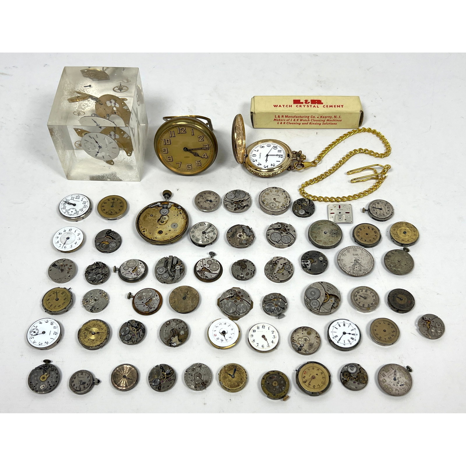 Large Lot Watch Parts. plus lucite watch sculpture, small desk clock, (1 of 12)
