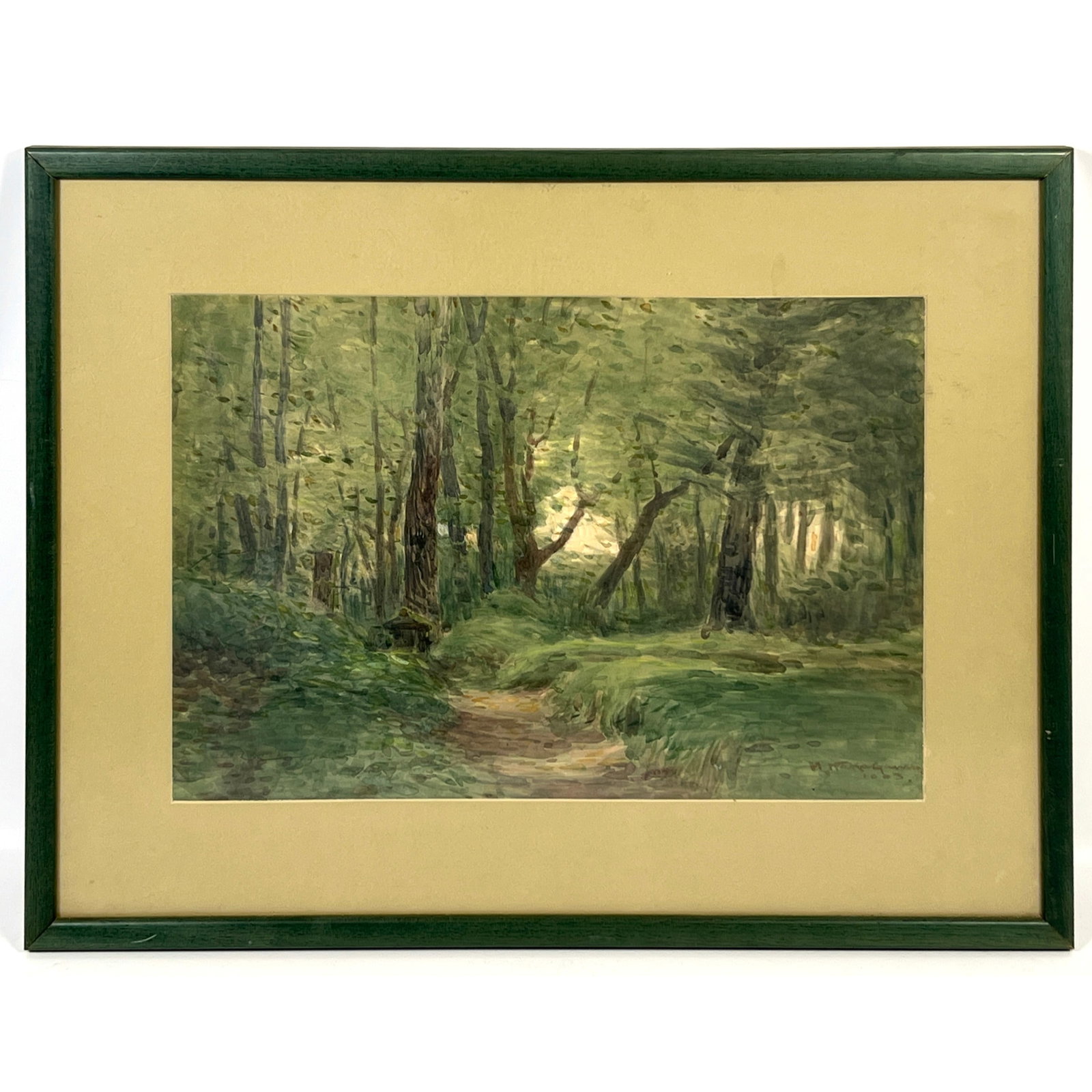 H Nakagawa Signed and Dated Watercolor Painting. Wood path.: H Nakagawa Signed and Dated Watercolor Painting. Wood path. Dimensions: Frame Height: 20 inches, Frame Width: 26 inches. - Image Size: Image Height: 12.5 inches, Image Width: 19 inches. ---