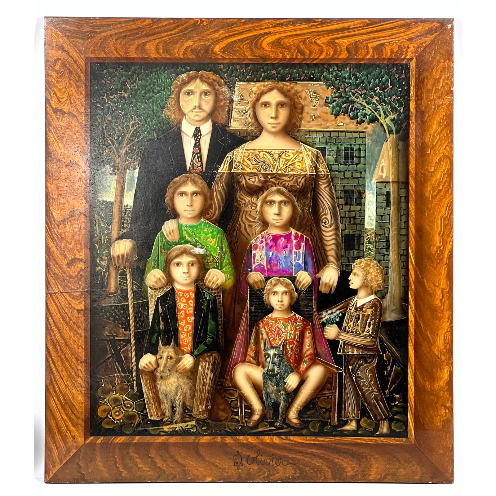 J OLIVIER Family Portrait Painting. Faux Painted Wood Grain "Frame". Signed.: J OLIVIER Family Portrait Painting. Faux Painted Wood Grain "Frame". Signed. Dimensions: Height: 25.5 inches, Width: 22 inches. --- US Packing and Shipping charge: In house shipping available. Will be