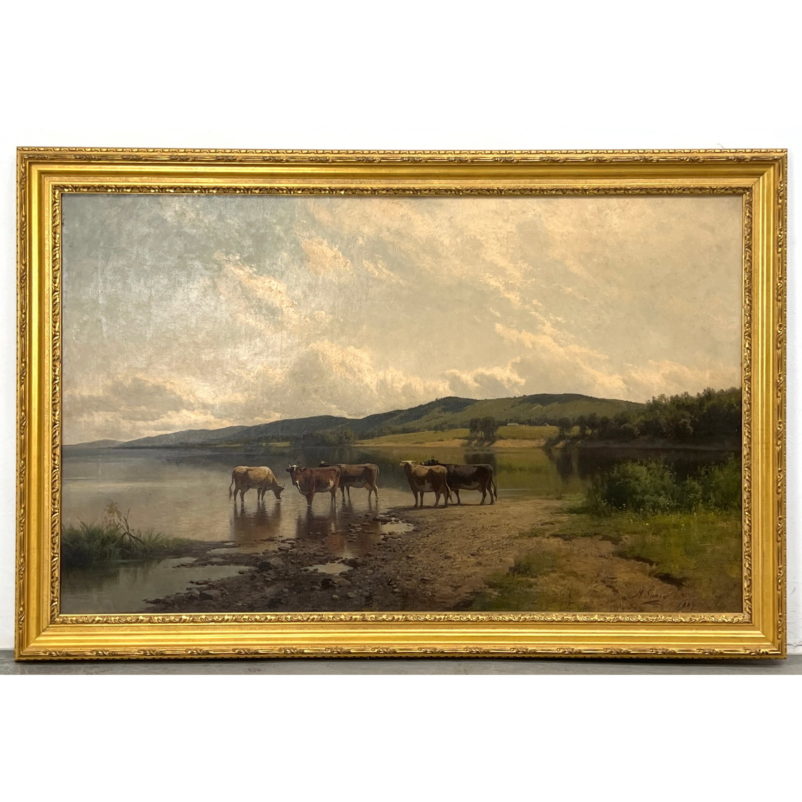HERMANN GUSTAV SIMON 1884 large-scale oil on canvas painting, Serene pastoral landscape featuring fi: HERMANN GUSTAV SIMON 1884 large-scale oil on canvas painting, Serene pastoral landscape featuring five cows watering at the edge of a calm lake. Dimensions: Frame Height: 36 inches, Frame Width: 55 in