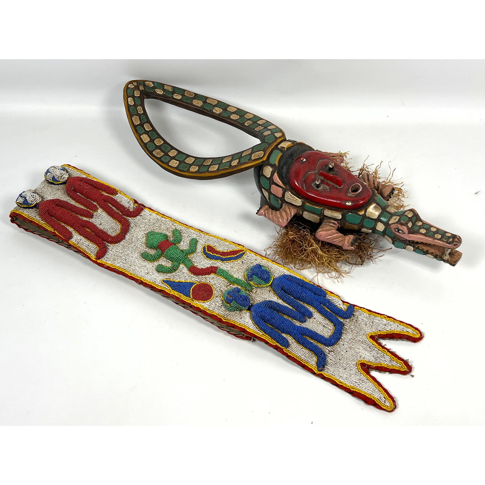 2pcs West African style decorative objects including a polychrome carved wooden crest and Large bead (1 of 15)