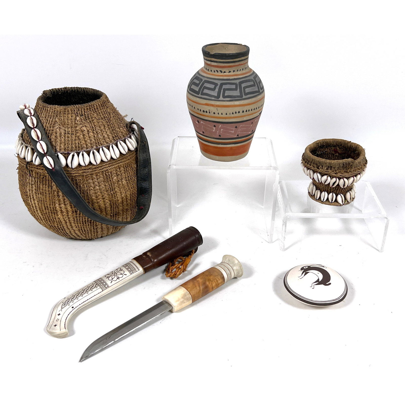5pcs Ethnographic items. Acoma Pueblo polychrome ceramic paperweight, Sami-style hand-crafted puukk (1 of 20)