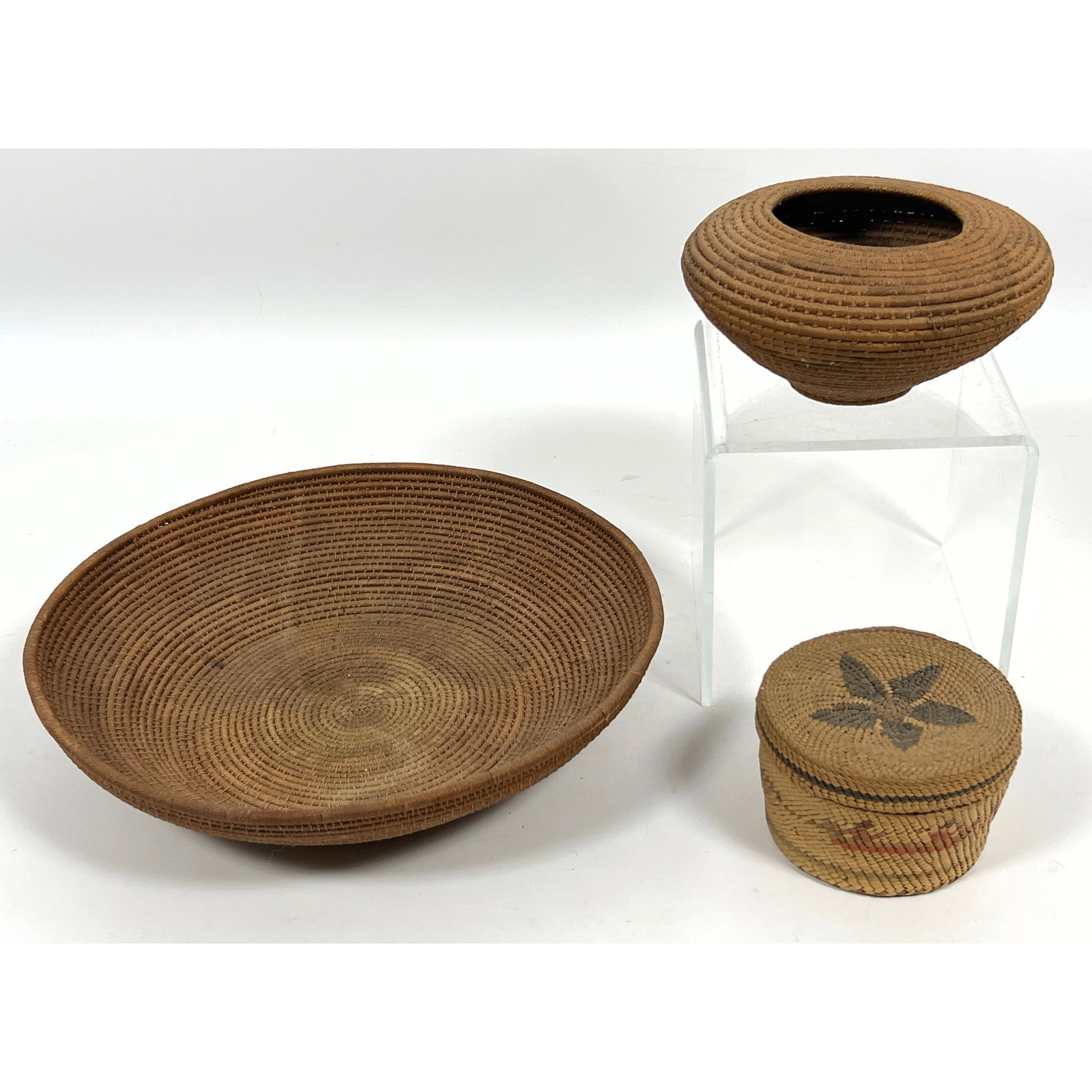 3pc Native American Indian Woven Vessels. 1). Wrapped Twine Box Bowl. Makah Indian, Olympic Peninsul (1 of 19)
