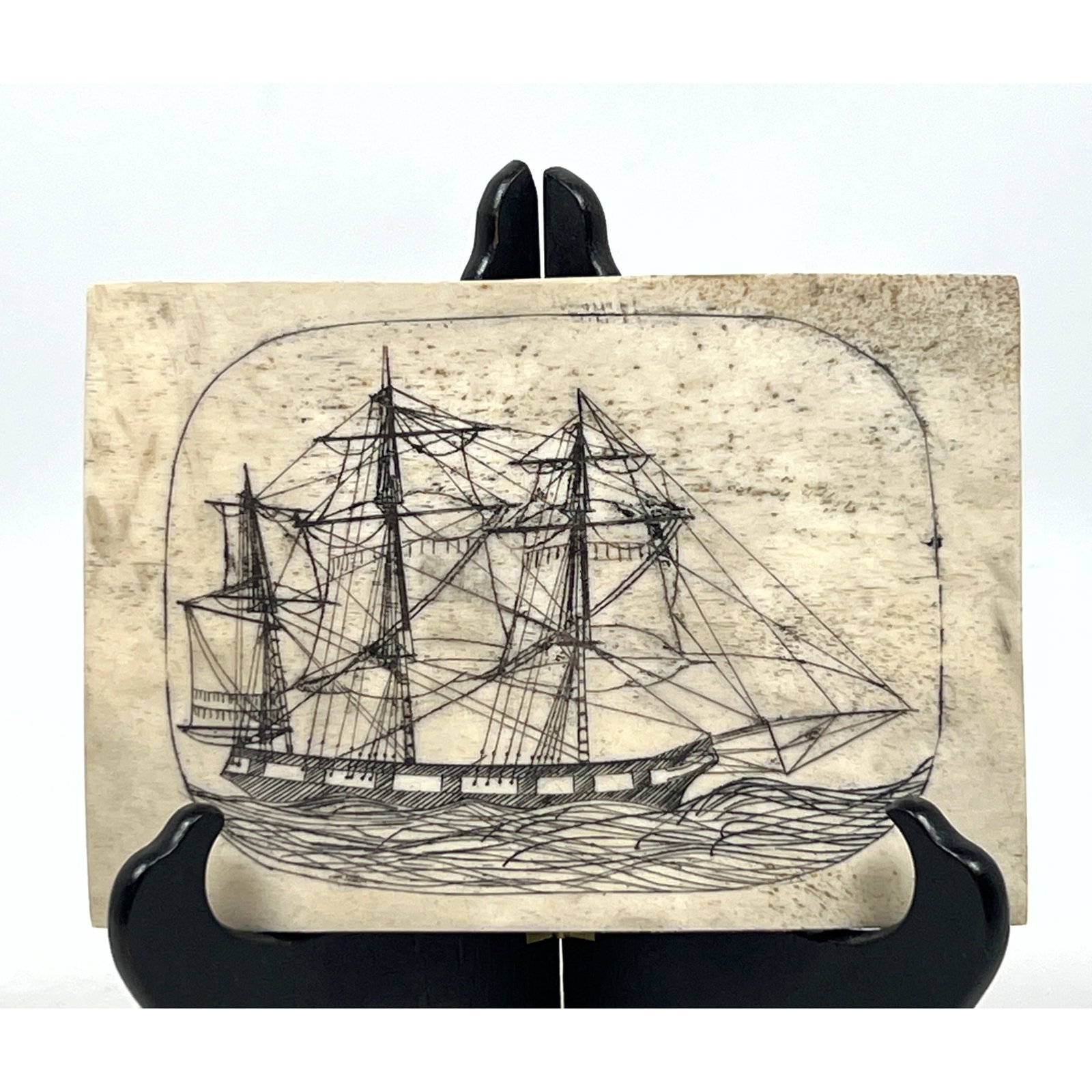 Maritime scrimshaw-style engraving executed on a flat, rectangular bone plaque. Sailing ship. (1 of 7)