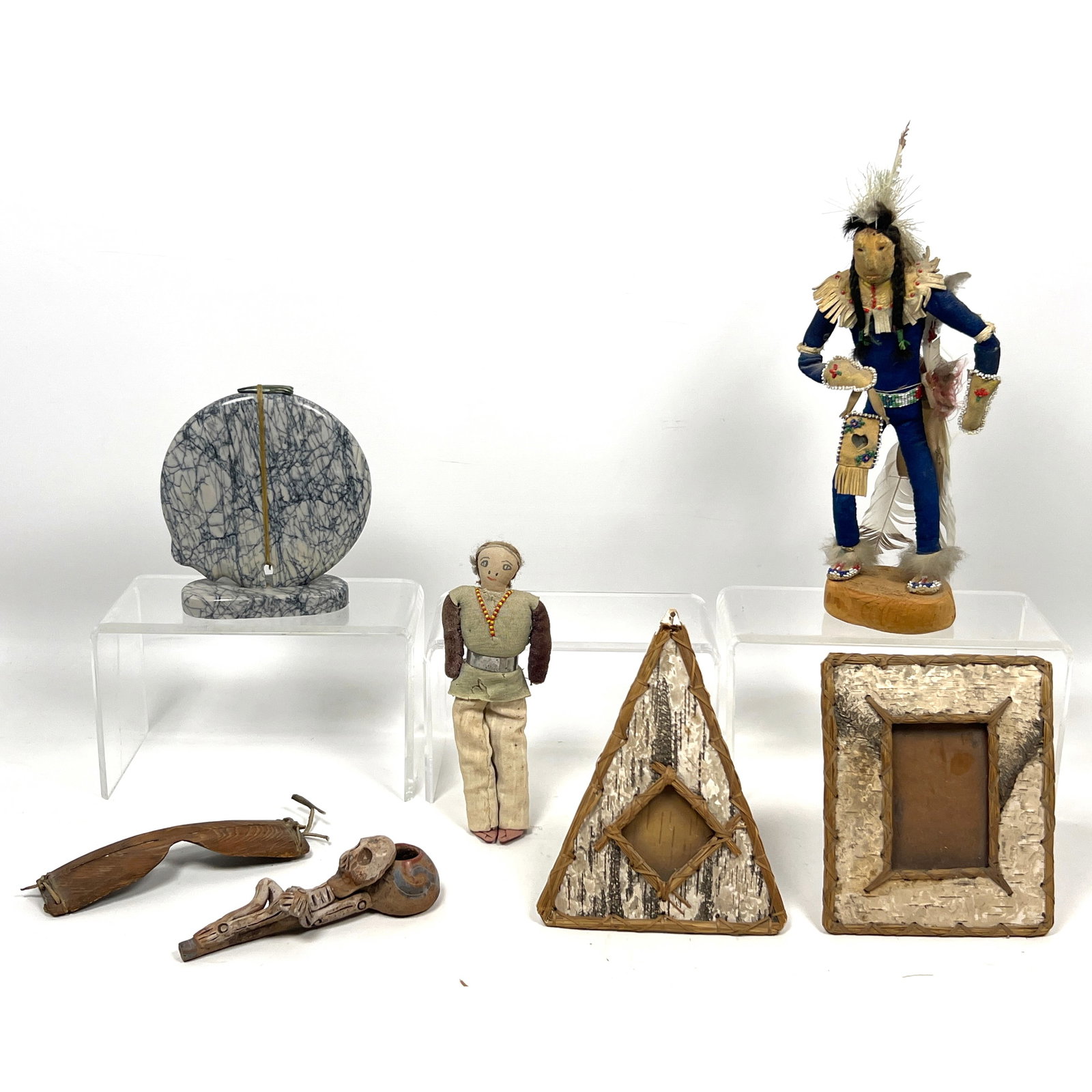American Indian Lot. Bark frames, Figure Sculpture, Pojoaque Fetish, Skeleton pipe.: American Indian Lot. Bark frames, Figure Sculpture, Pojoaque Fetish, Skeleton pipe. Dimensions: Height: 11 inches, Width: 5 inches, Depth: 5 inches. --- US Packing and Shipping charge: In house shippi