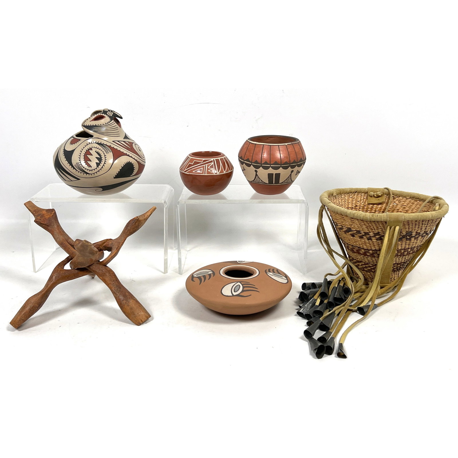 5pc American Indian Lot. Redware pottery and Basket with Metal Tassels. (1 of 20)