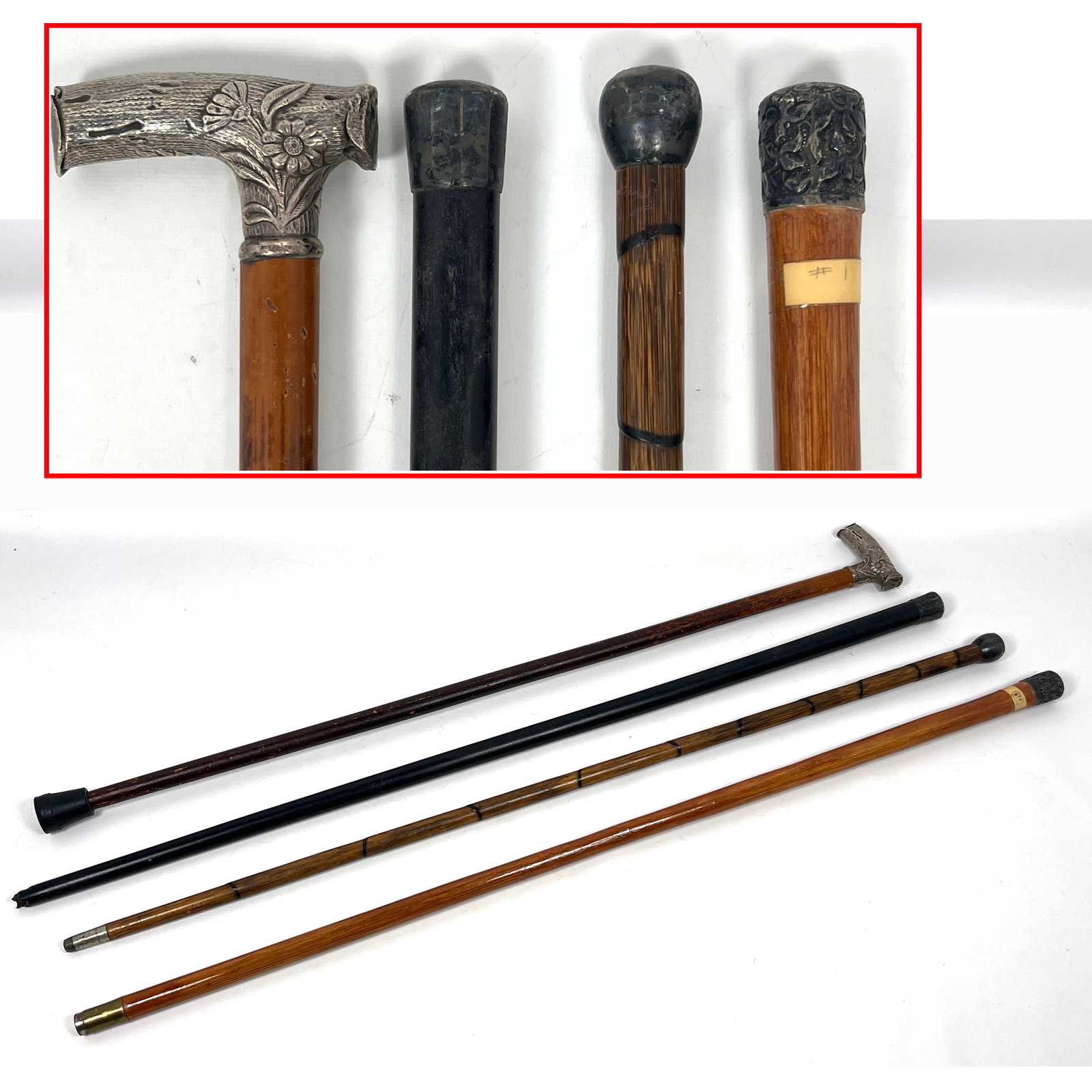 4pcs Antique Canes Walking Sticks. All set with sterling (1 of 20)