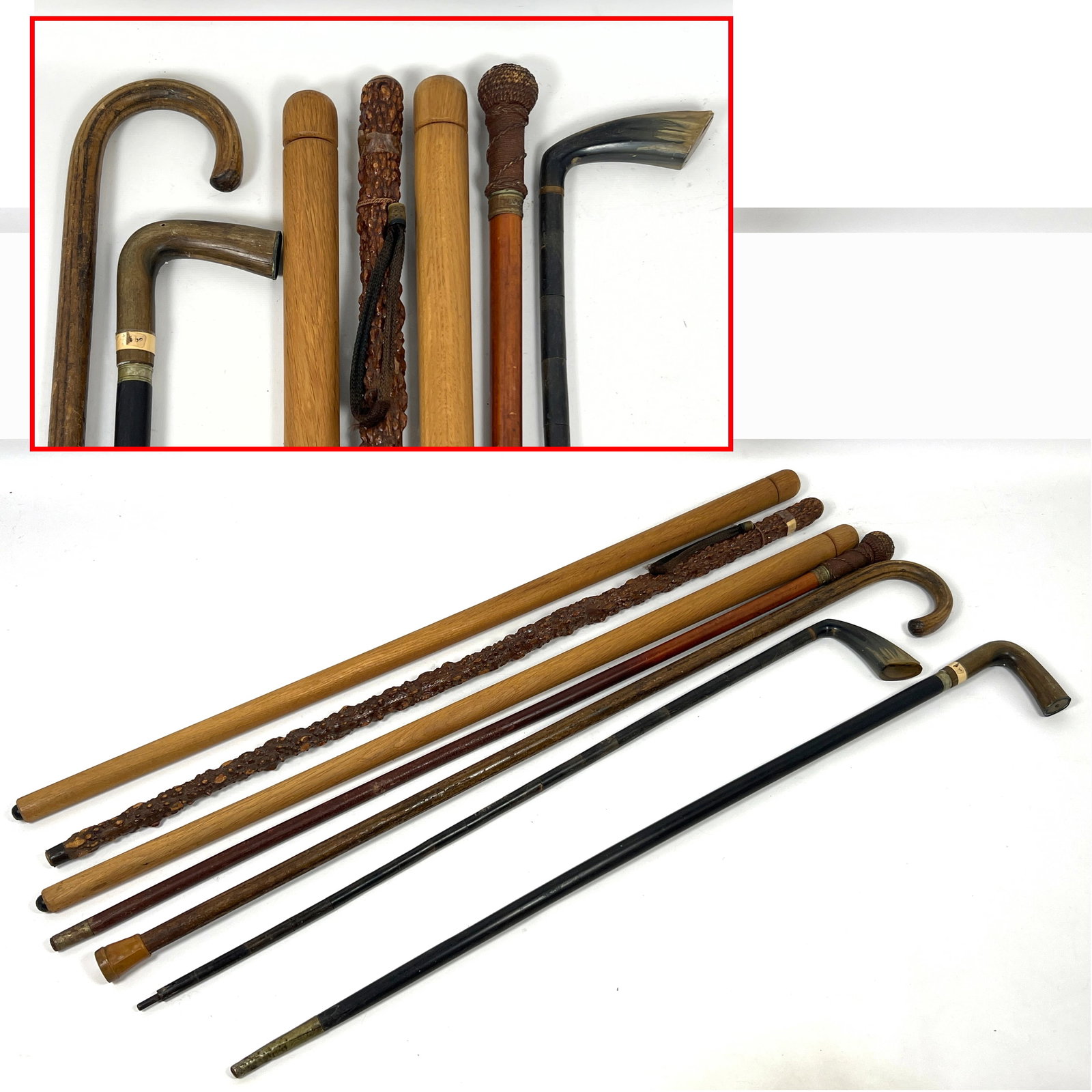7pcs Antique Canes and Walking Sticks. Horn handle, Burl, Woven, etc. (1 of 17)