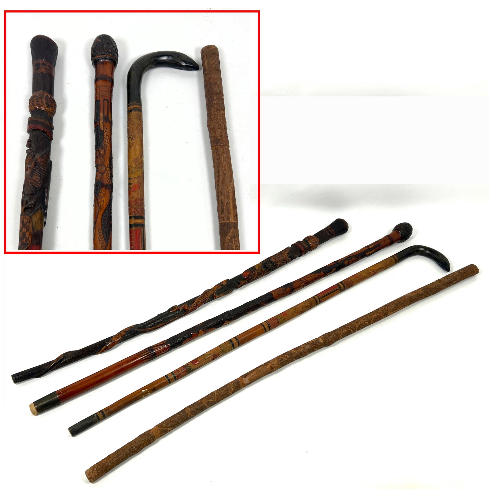 4pcs Antique Canes and Walking Sticks. Folk art with carved alligators, Carved Asian Figures, Carved (1 of 20)