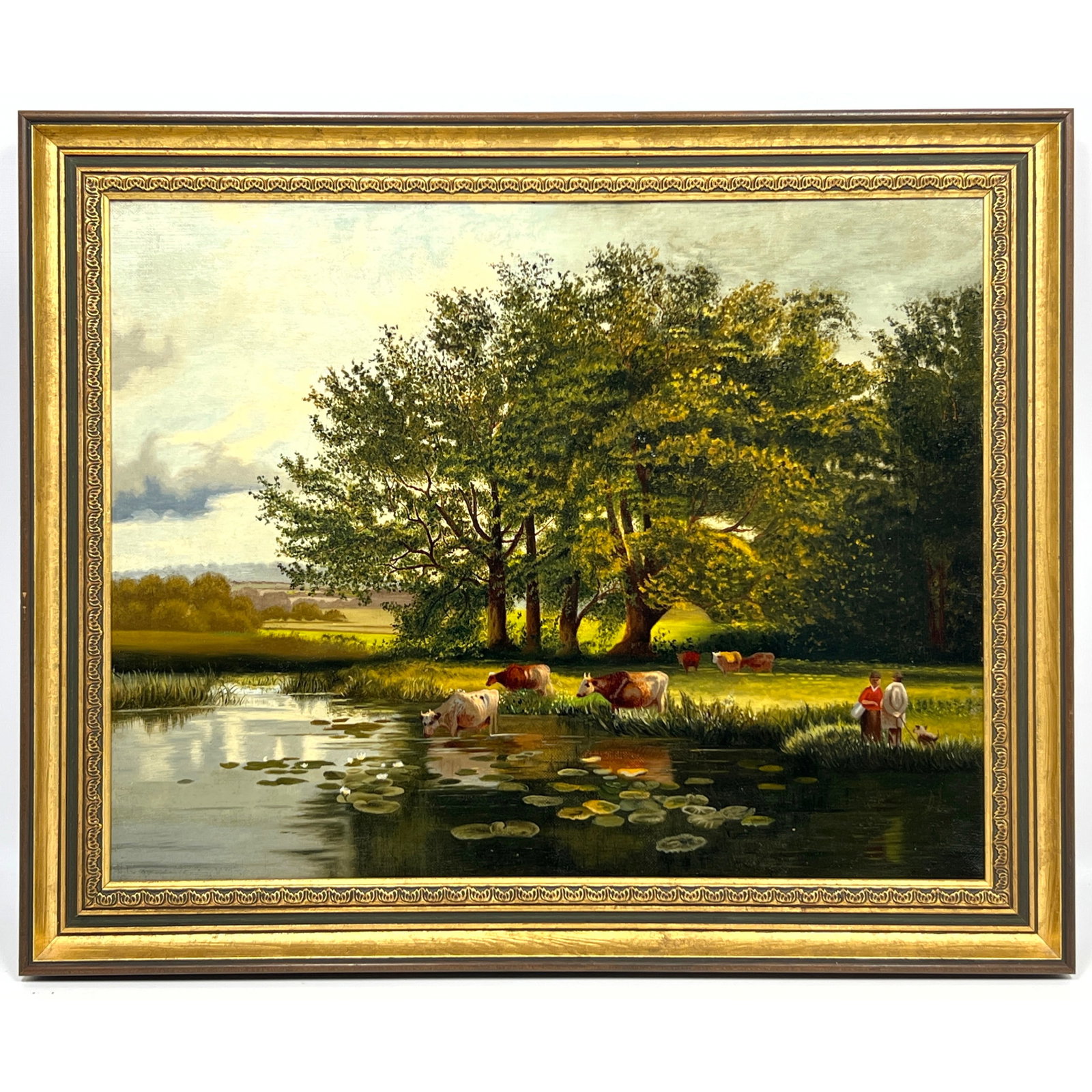Vintage Landscape Oil Painting. Cows and Dog Walkers Near Lake. Pastoral Landscape. Illegibly Signed (1 of 10)
