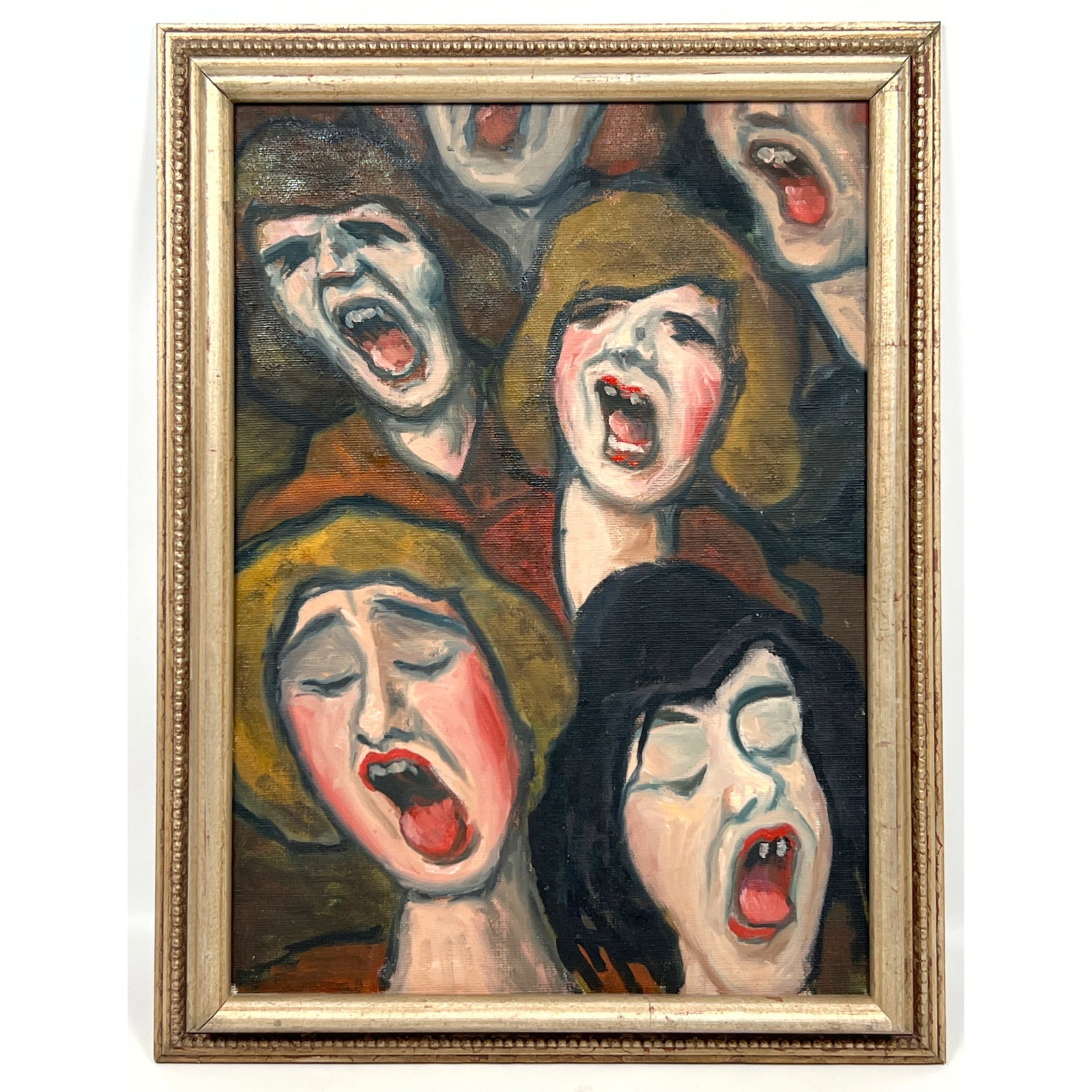 Mid-20th century American Expressionist oil painting on stretched canvas features a crowded, emotive: Mid-20th century American Expressionist oil painting on stretched canvas features a crowded, emotive composition of multiple figures with wide-open mouths Dimensions: Frame Height: 21 inches, Frame Wi