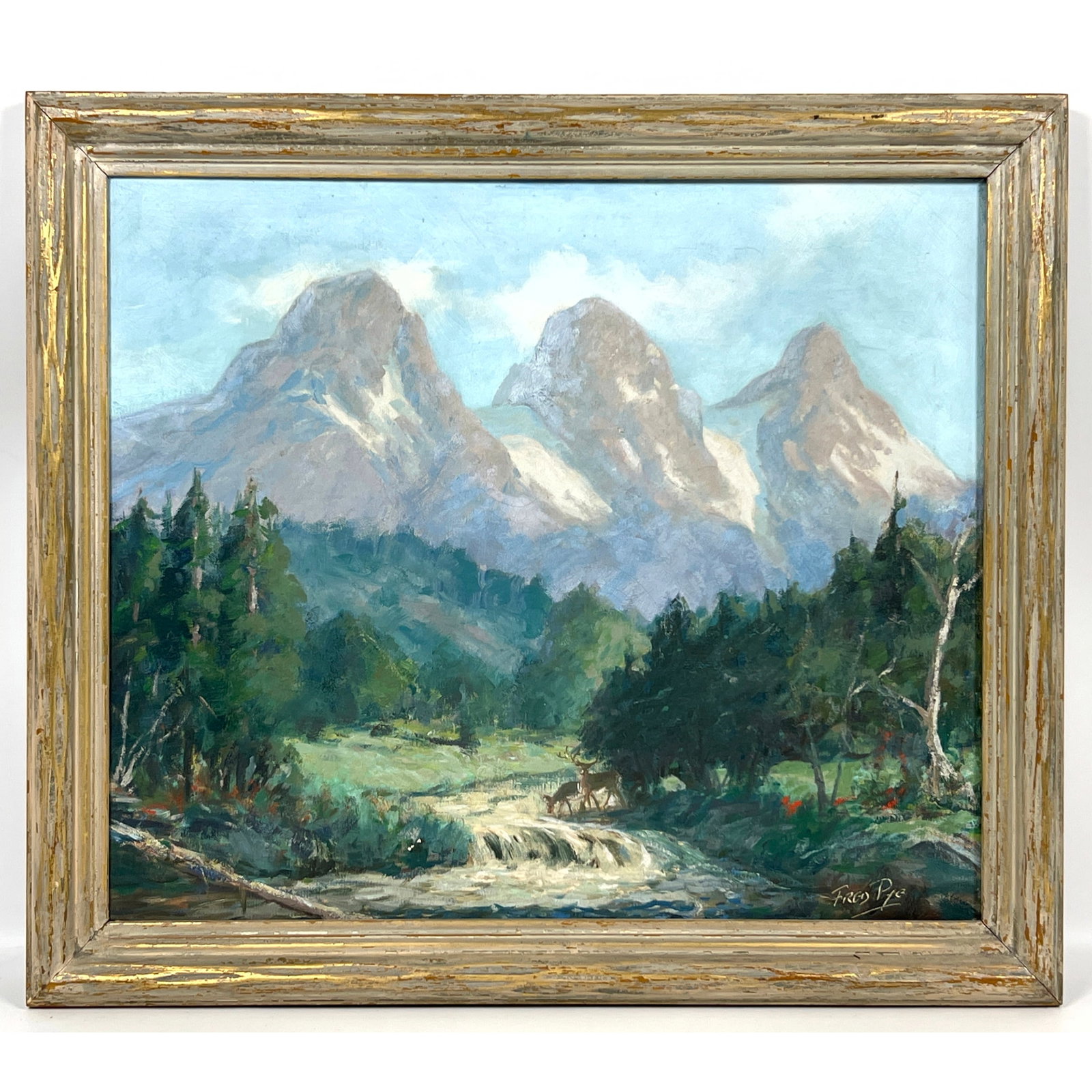FRED PYE Oil Painting "Three Sisters Canadian Rockies": FRED PYE Oil Painting "Three Sisters Canadian Rockies" Dimensions: Frame Height: 22.25 inches, Frame Width: 25 inches. - Image Size: Image Height: 17.75 inches, Image Width: 21.5 inches. --- US Packin