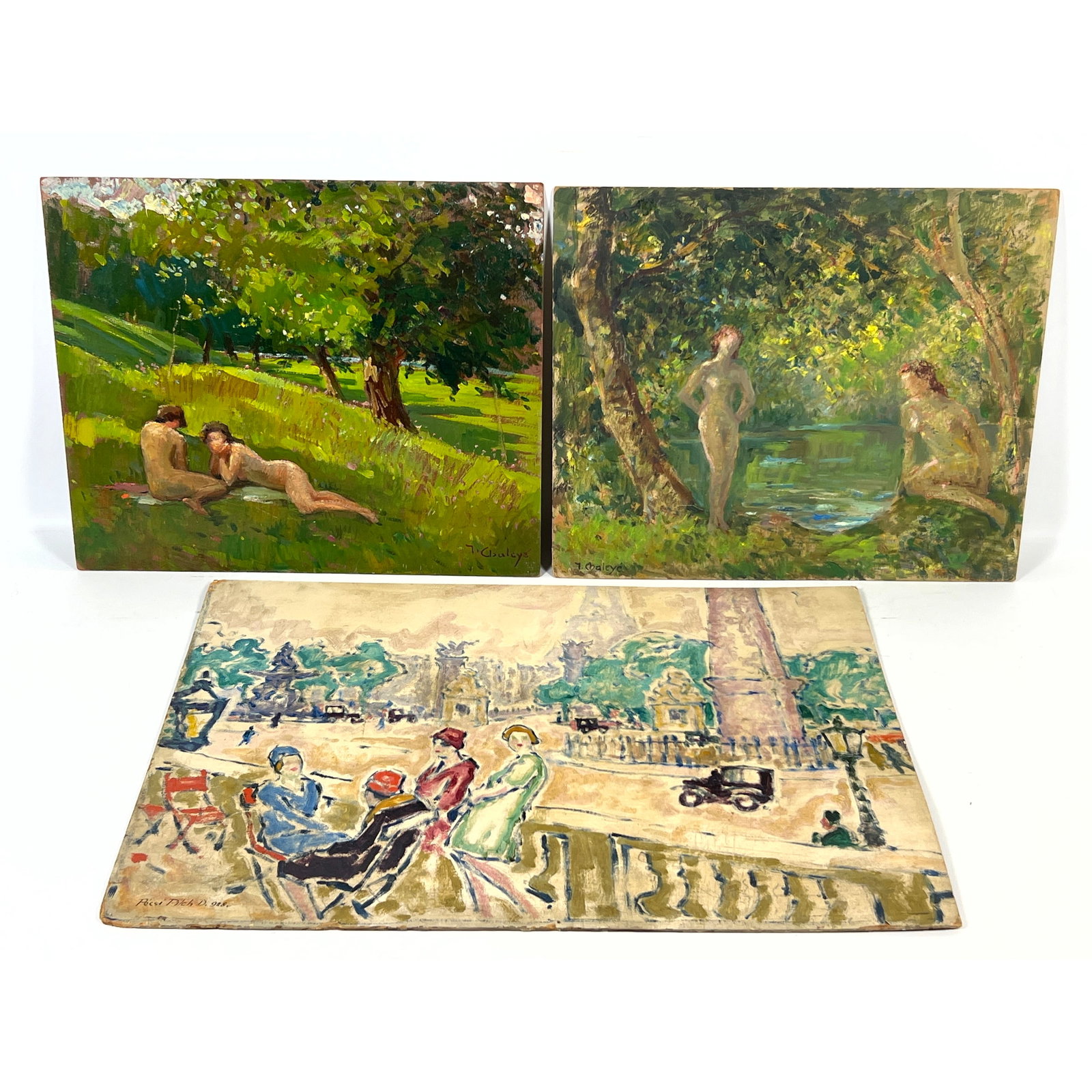 3pcs Paintings on Board. 2 Nudes signed Jean Chaleye and 1 Dezso Pecsi-Pilch Place de la Concorde in: 3pcs Paintings on Board. 2 Nudes signed Jean Chaleye and 1 Dezso Pecsi-Pilch Place de la Concorde in Paris Dimensions: Height: 18 inches, Width: 25 inches. --- US Packing and Shipping charge: In house