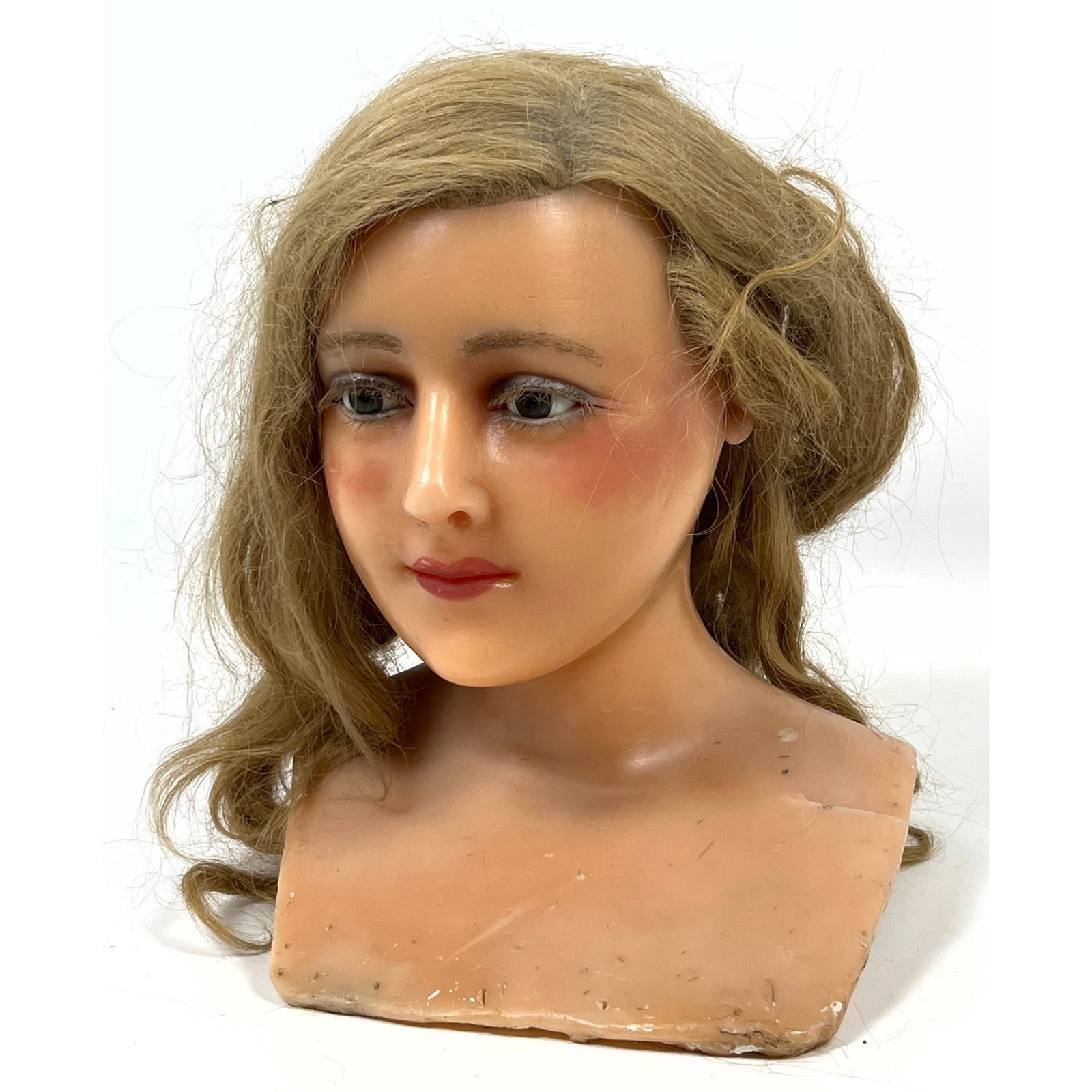 Vintage Wax Bust Sculpture with real Hair. Department store or millinery display: Vintage Wax Bust Sculpture with real Hair. Department store or millinery display Dimensions: Height: 12 inches, Width: 9.5 inches, Depth: 9 inches. --- US Packing and Shipping charge: In house shippin