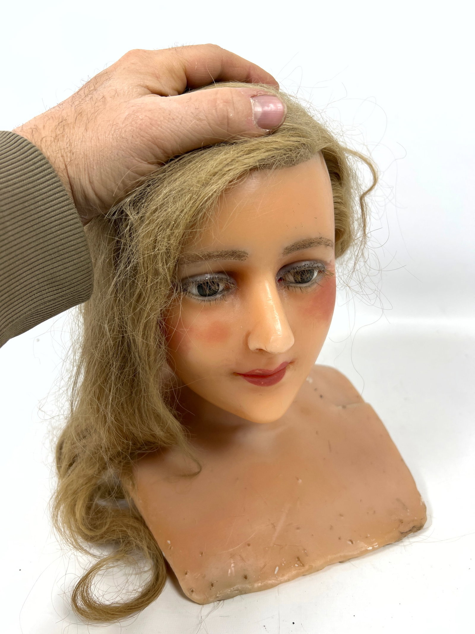 Vintage Wax Bust Sculpture with real Hair. Department store or millinery display - 9