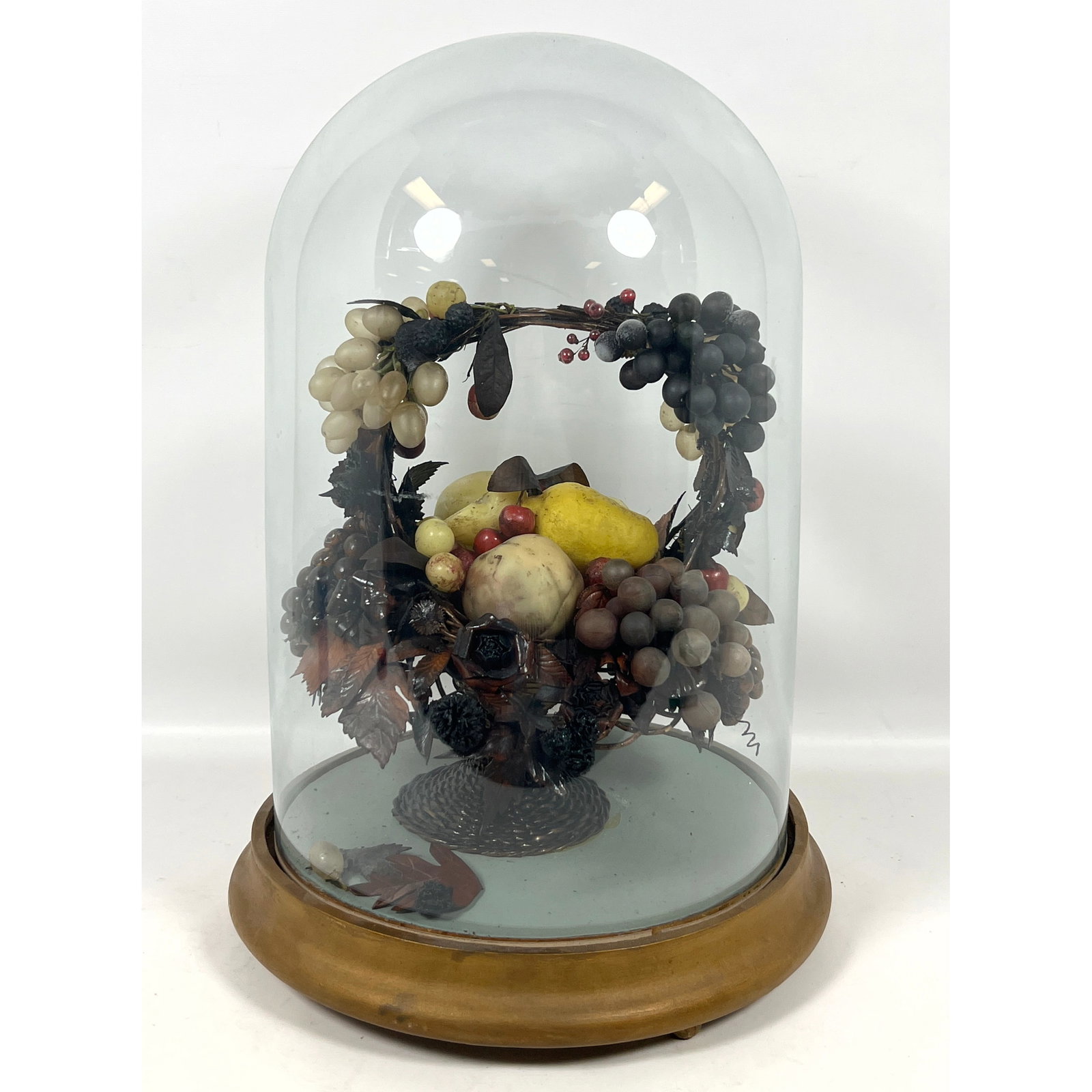 Antique Carved Wax Still Life Arrangement Under Glass Dome. Naturalistically rendered fruits and fol (1 of 13)