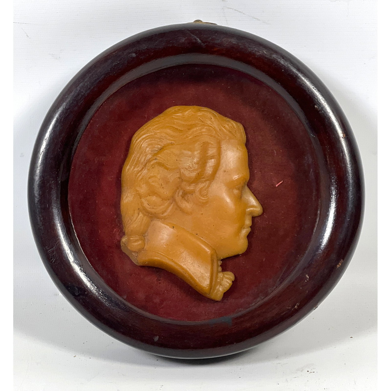 Antique circular wax portrait miniature carved sculpture. Profile of a gentleman.: Antique circular wax portrait miniature carved sculpture. Profile of a gentleman. Dimensions: Height: 8 inches, Width: 8 inches. --- US Packing and Shipping charge: In house shipping available. Will b
