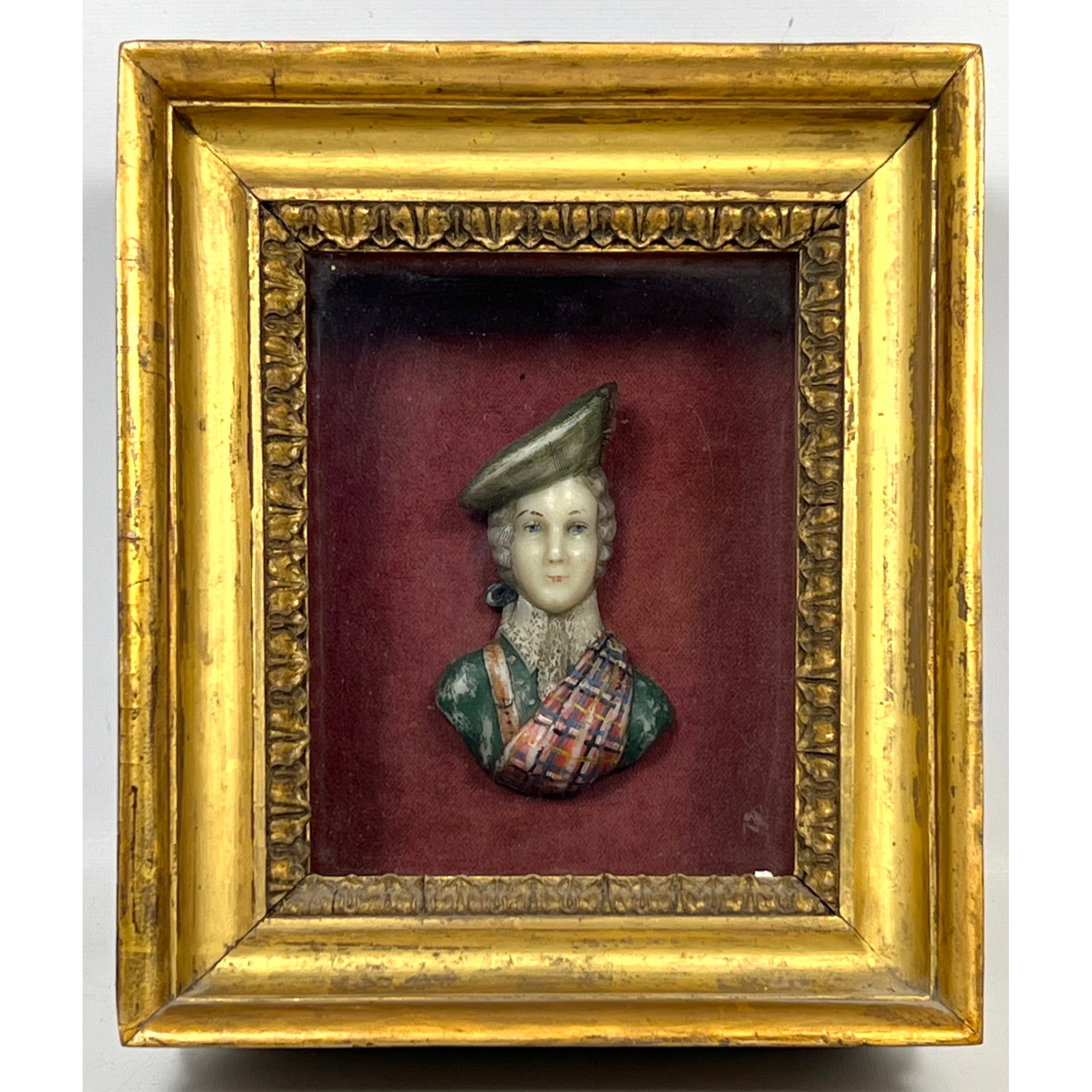 Antique Polychrome Wax relief bust sculpture depicts a young man dressed in 18th-century Scottish Hi (1 of 8)