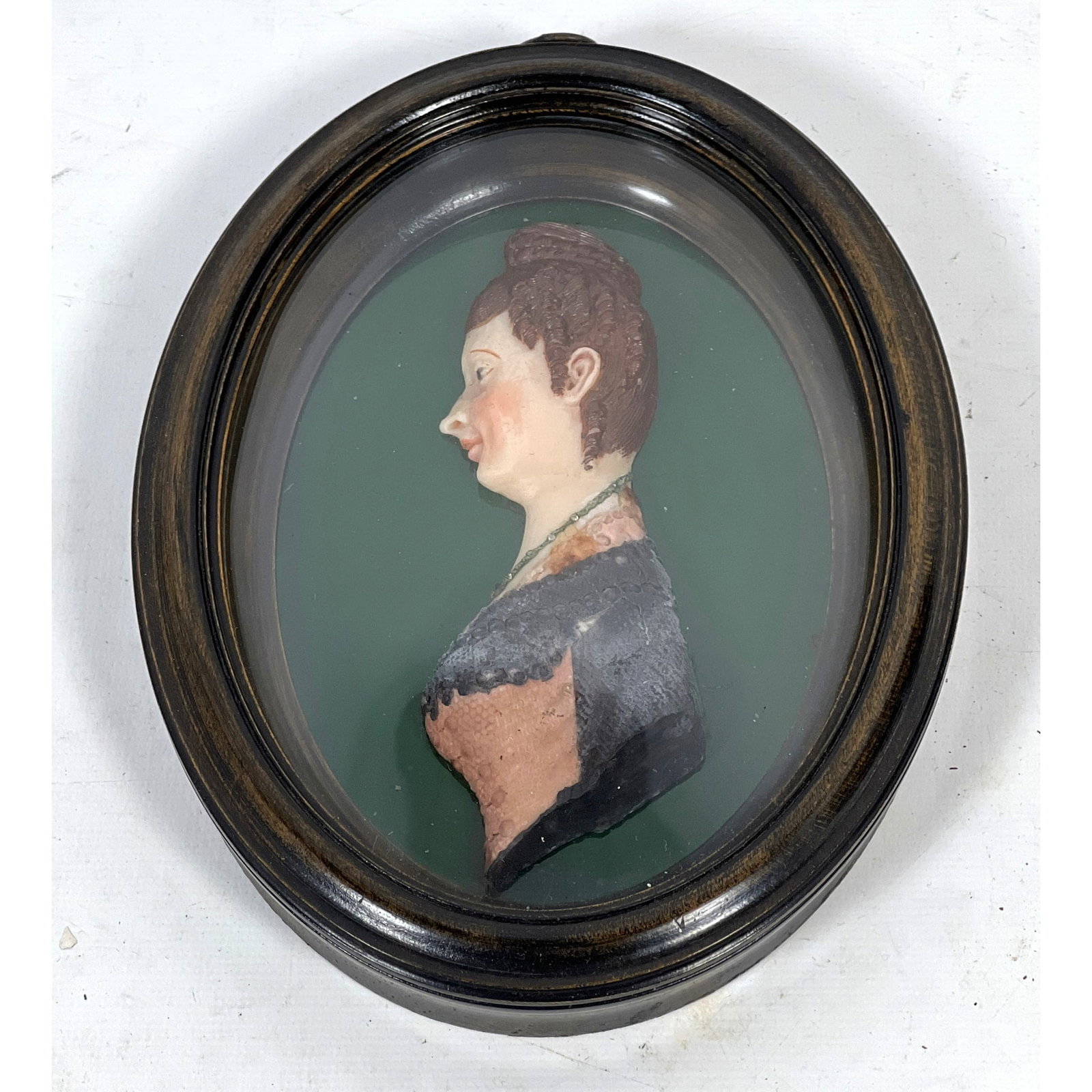 Antique wax relief carved sculpture profile portrait miniature of a lady, in the style of Charles Gu: Antique wax relief carved sculpture profile portrait miniature of a lady, in the style of Charles Guillaume Alexandre Bourgeois. Dimensions: Height: 6.75 inches, Width: 5 inches. --- US Packing and Sh