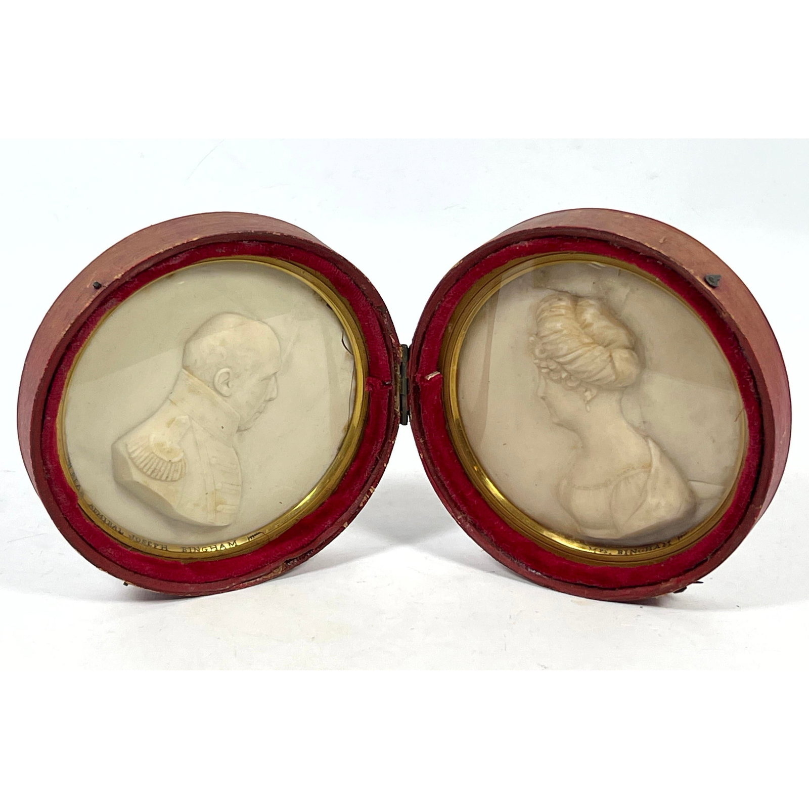 Regency era profile relief portraits is rendered in carved wax carvings in folding case. Depicts Rea (1 of 10)