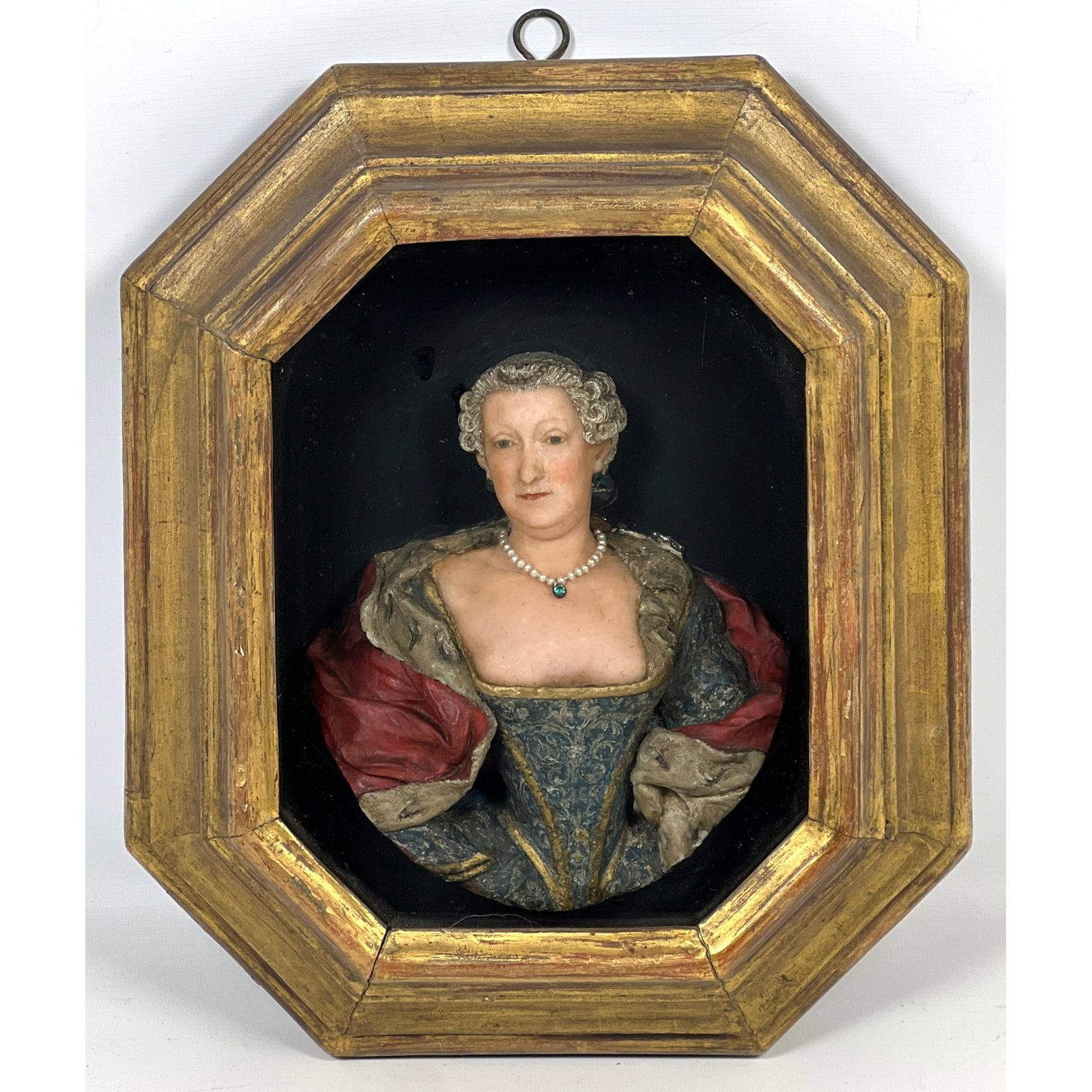 Antique High relief Wax Portrait Sculpture. Lady in 18th-century Continental attire. Polychrome deco: Antique High relief Wax Portrait Sculpture. Lady in 18th-century Continental attire. Polychrome decorated. Dimensions: Height: 13.5 inches, Width: 11.25 inches. --- US Packing and Shipping charge: In 