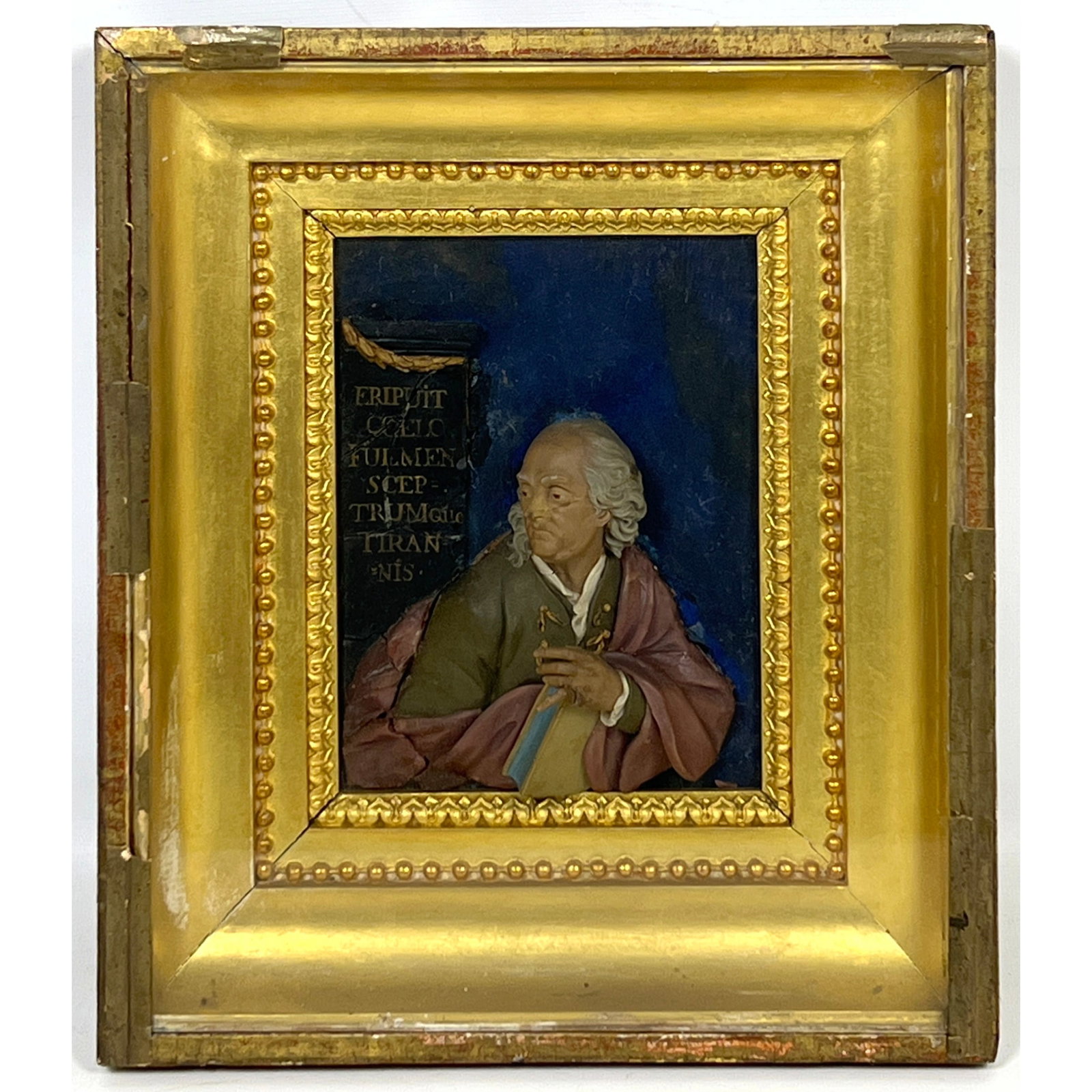 Antique Polychrome wax relief portrait depicts Benjamin Franklin in a three-quarter profile, shown h: Antique Polychrome wax relief portrait depicts Benjamin Franklin in a three-quarter profile, shown holding a book. See video: https://youtube.com/watch?v=UhP8a061EIo Dimensions: Height: 12 inches, Wid