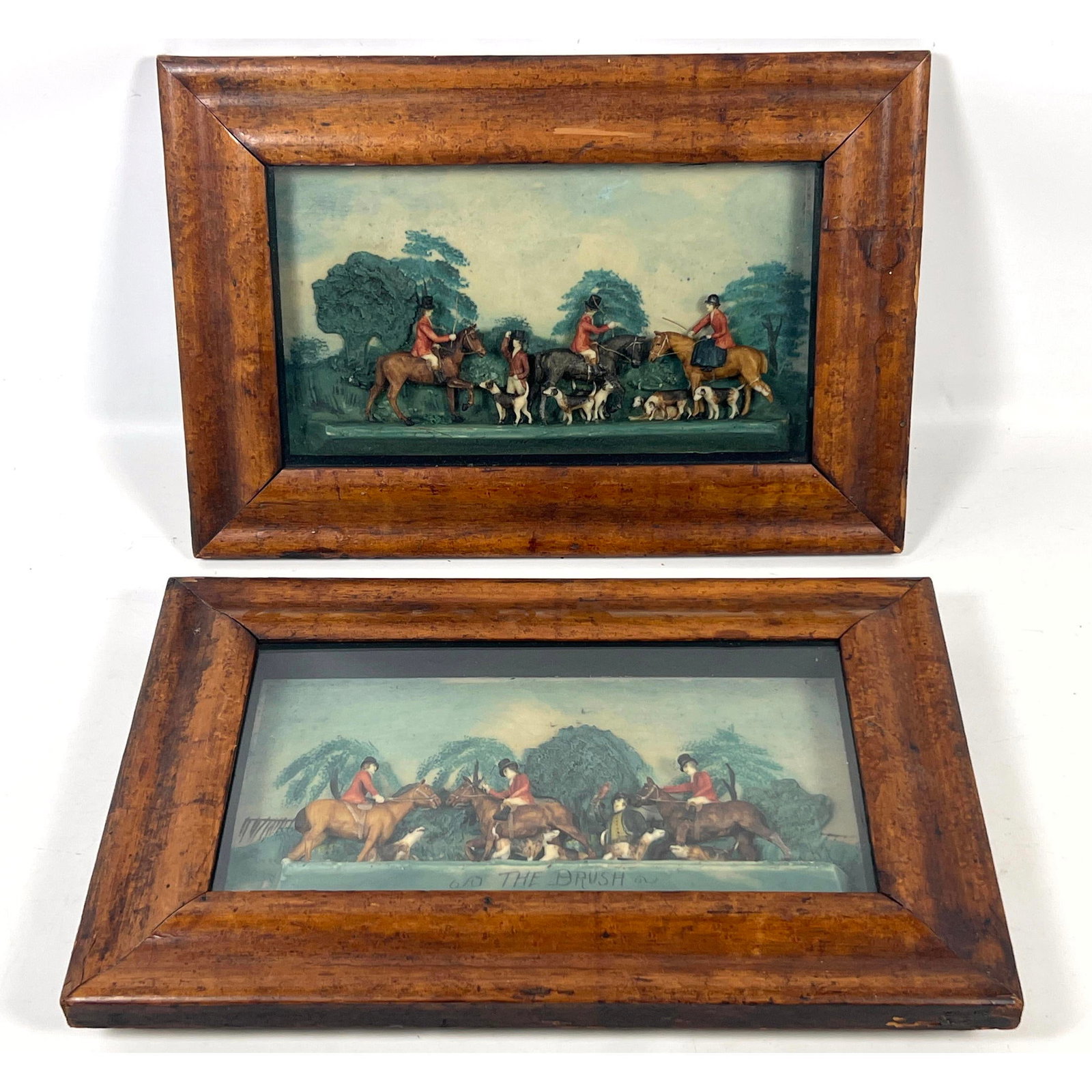 Pair 3 Dimensional Wax Carving Reliefs of English Fox Hunting Scenes. The Meeting and The Brush. (1 of 15)
