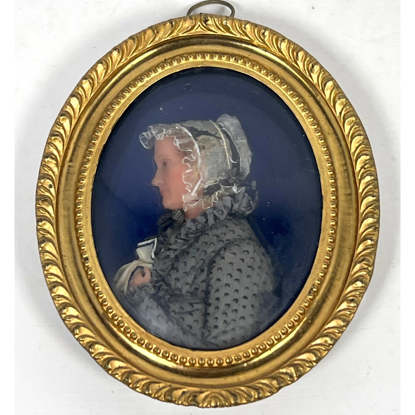 Antique polychrome wax relief carving sculpture of woman on bonnet. (1 of 6)