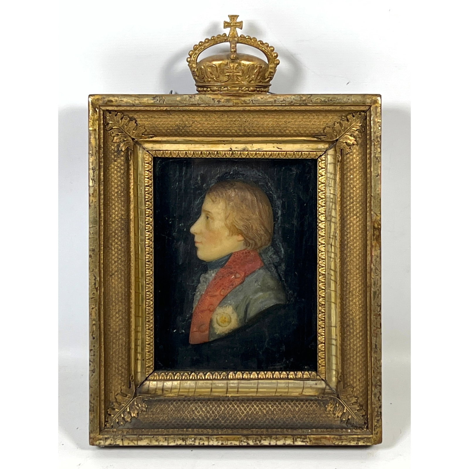 Antique polychrome wax relief profile portrait Carved sculpture. Frederick William III of Prussia in: Antique polychrome wax relief profile portrait Carved sculpture. Frederick William III of Prussia in his youth as Crown Prince Dimensions: Height: 15 inches, Width: 9.75 inches. --- US Packing and Shi