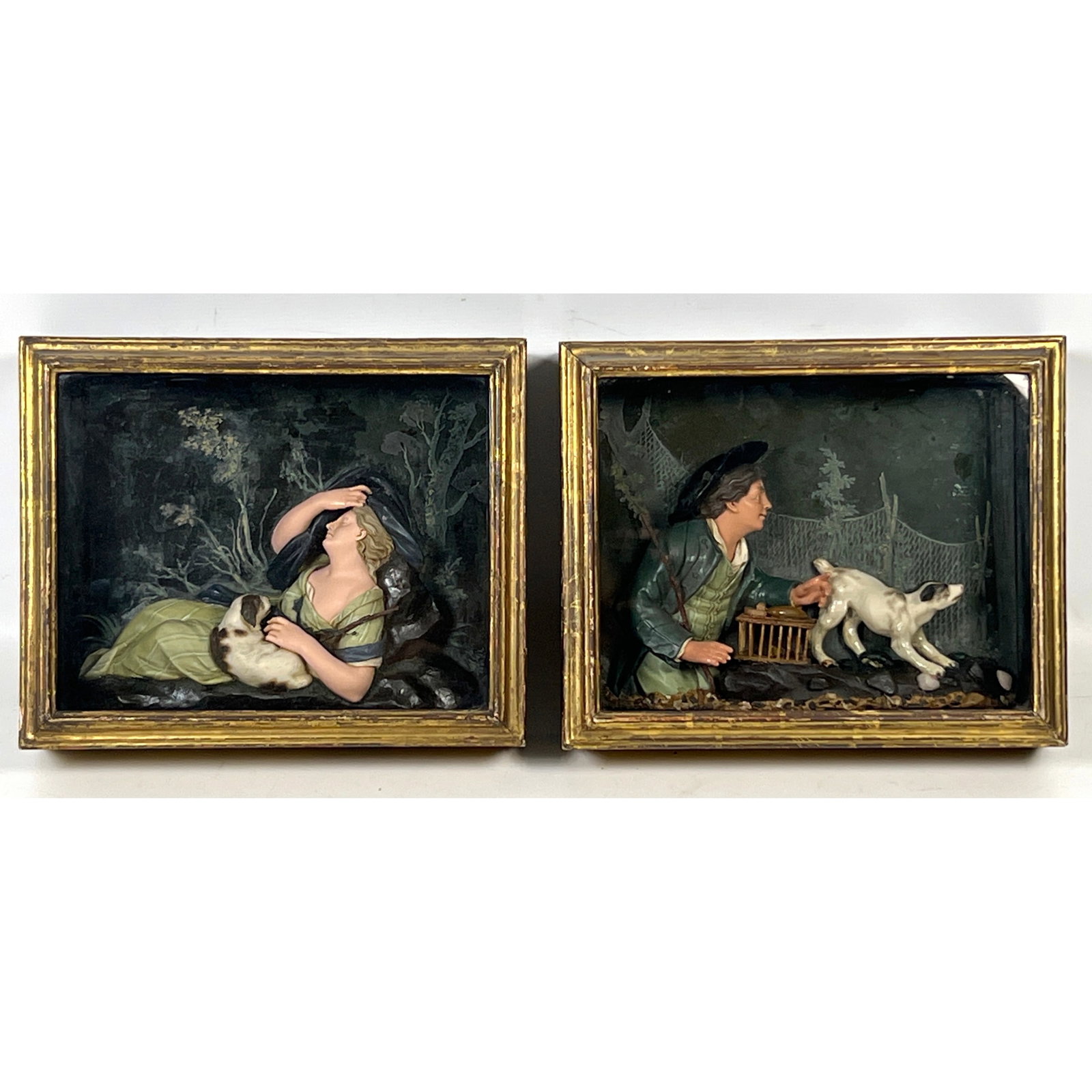 Matched Pair Intricate Carved Wax Scenic Sculptures. High-relief, polychrome-painted figures. One bo (1 of 14)
