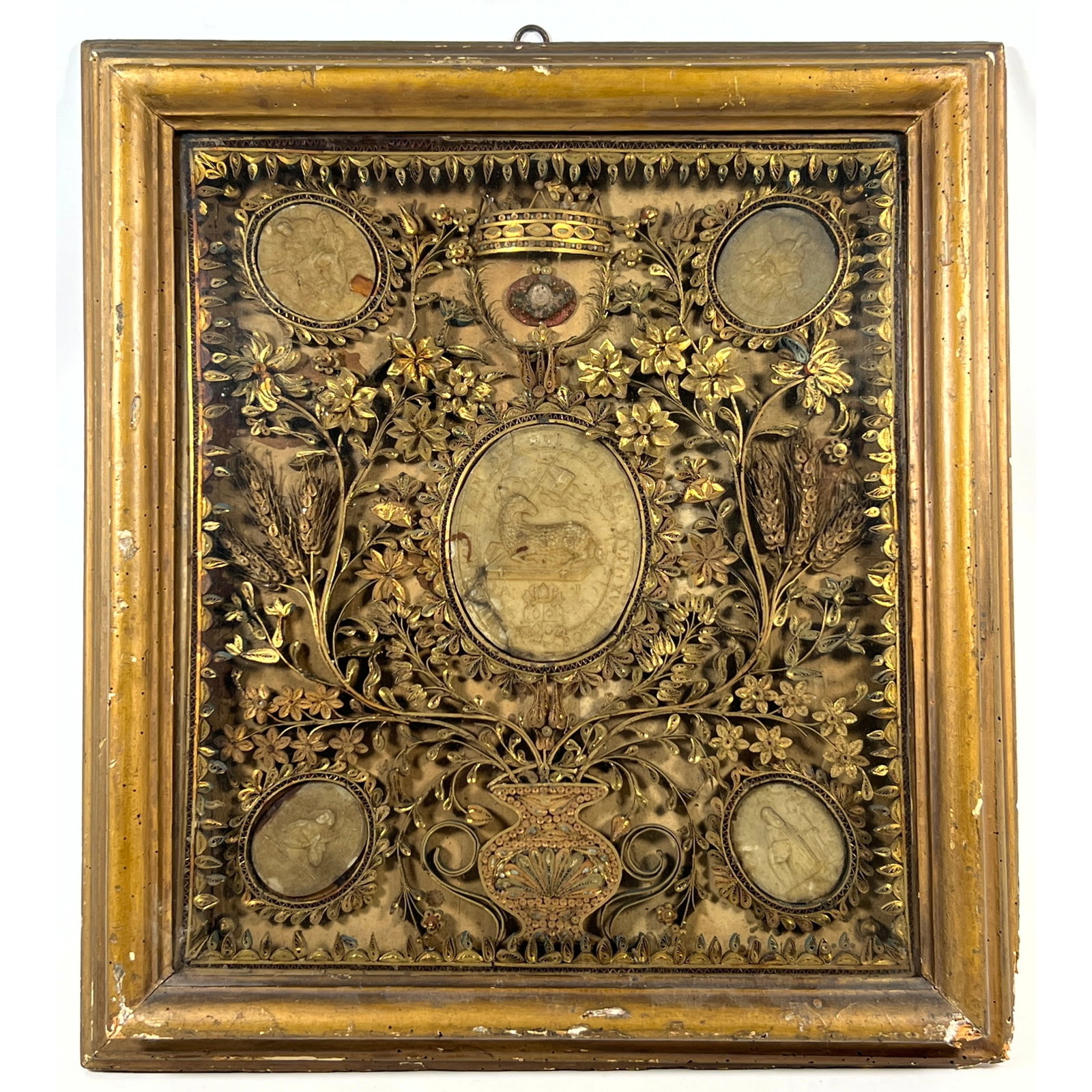 Religious Devotional Shadow Box. Central Oval Agnus Dei Wax Plaque surrounded by four smaller circul (1 of 14)