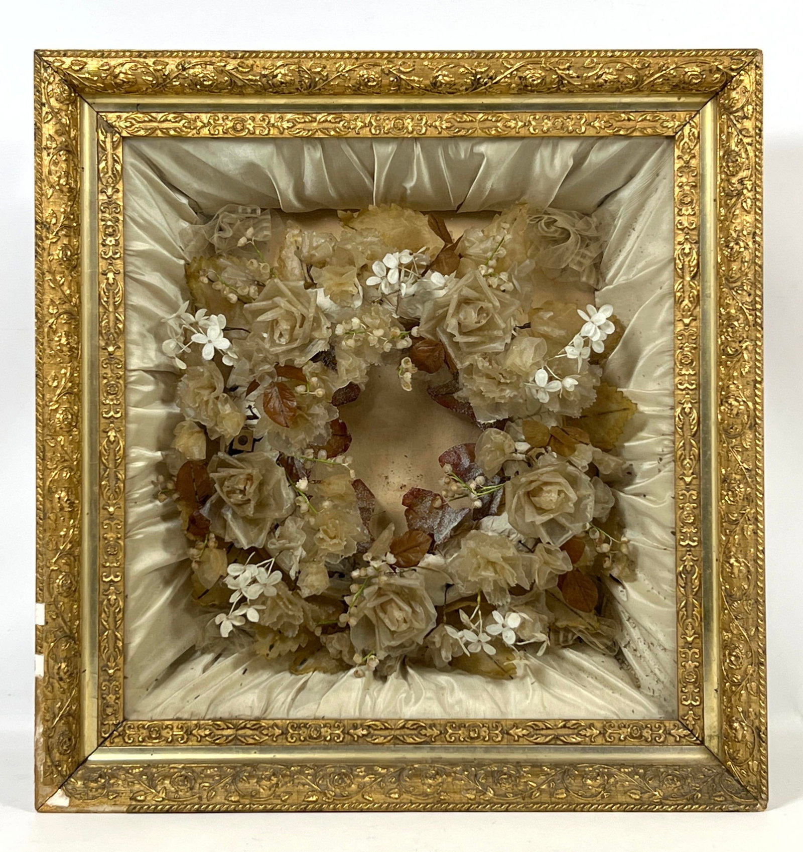 Victorian Deep Well Shadow Box. Wax and Fabric Flower Wreath. Gilt Gesso Frame. (1 of 10)