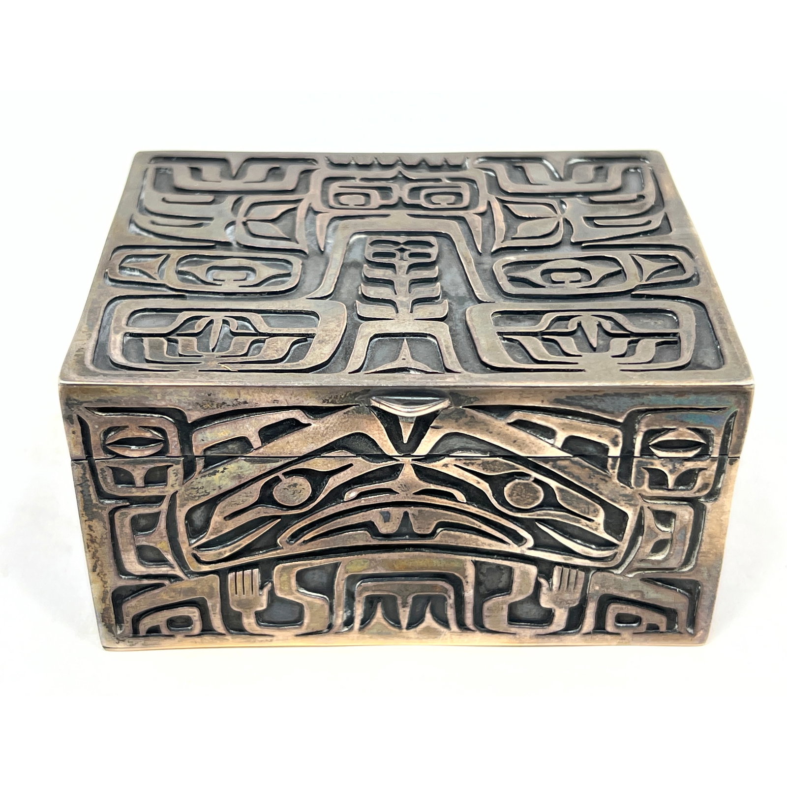 Pacific Northwest Coast Haida style Lidded Box. Silver (metal purity unknown) relief Design Lidded B (1 of 11)