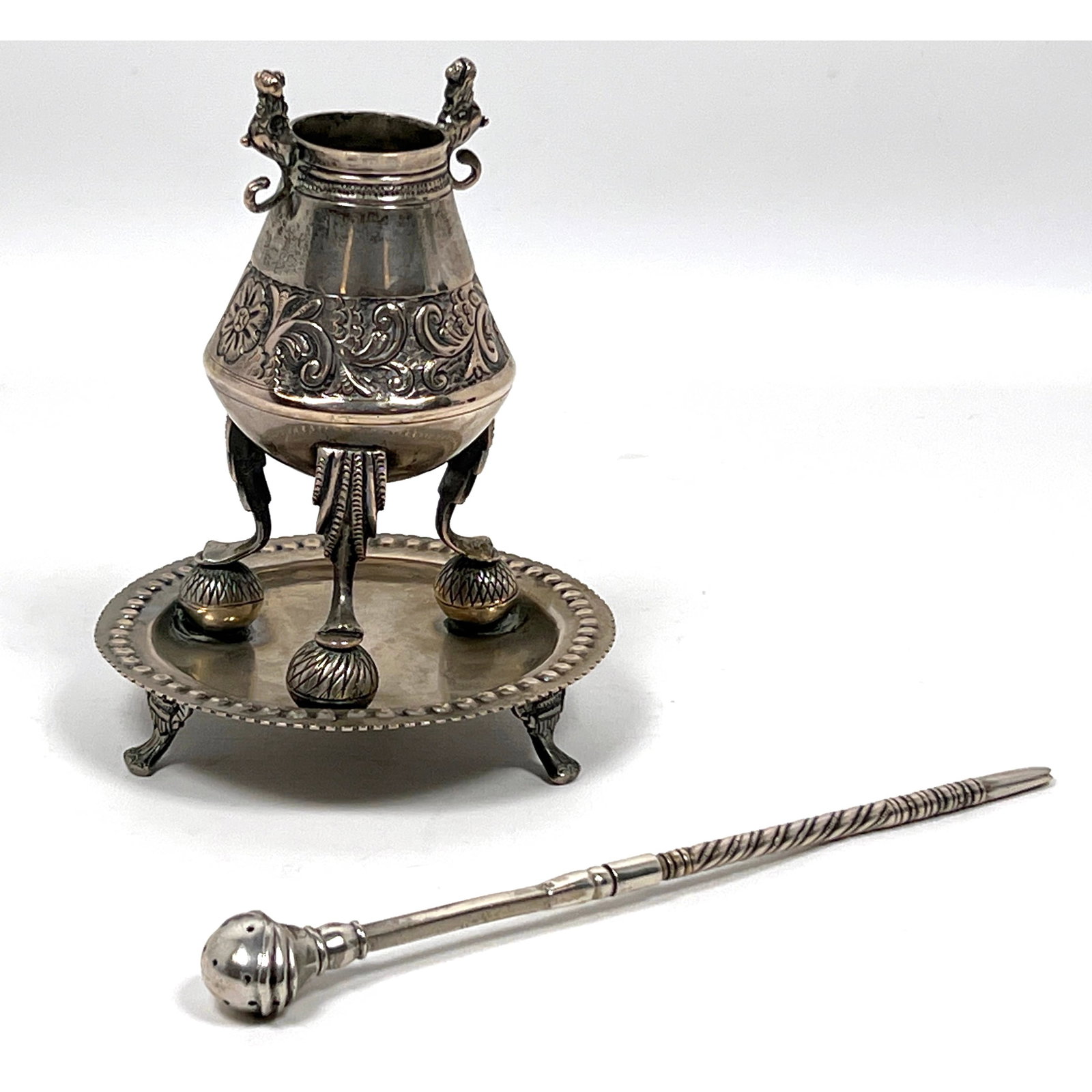 Ornate Silver Mate Set. Mate Cup On integrated stand and tray. Filtering Straw Bombilla has twist de (1 of 13)