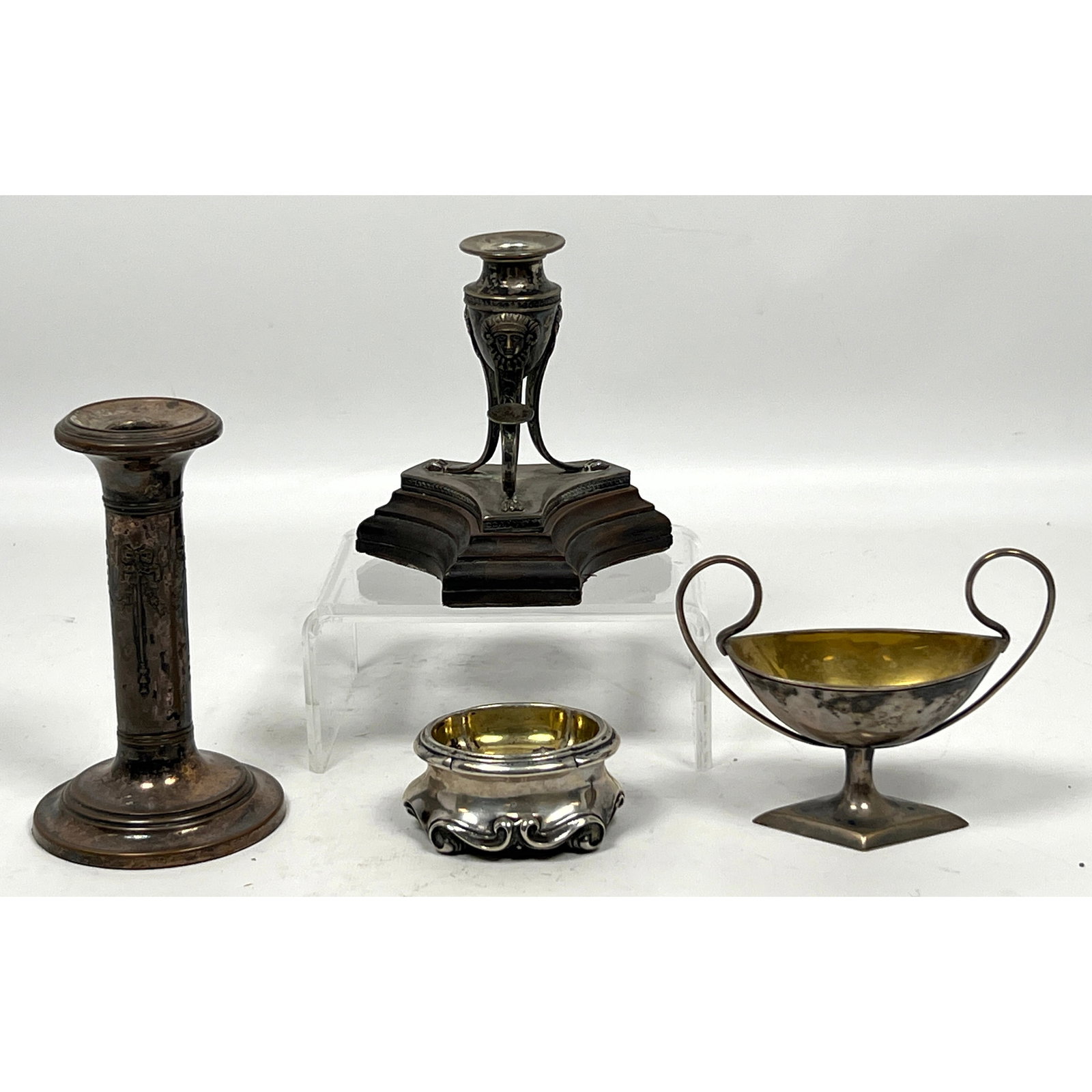 4pcs Antique Silver Objects. Candle Holders, Handled footed dish, Master Salt. (1 of 20)