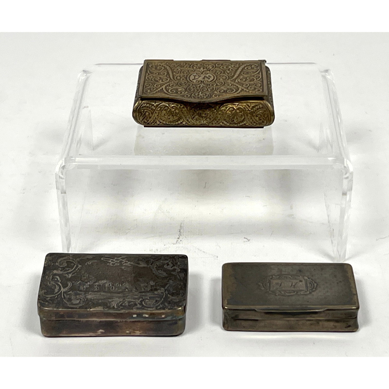 Collection 3 Silver Tone Snuff Boxes. 1) Engraved Case Lid has cartouche with Hebrew Characters. Und (1 of 16)