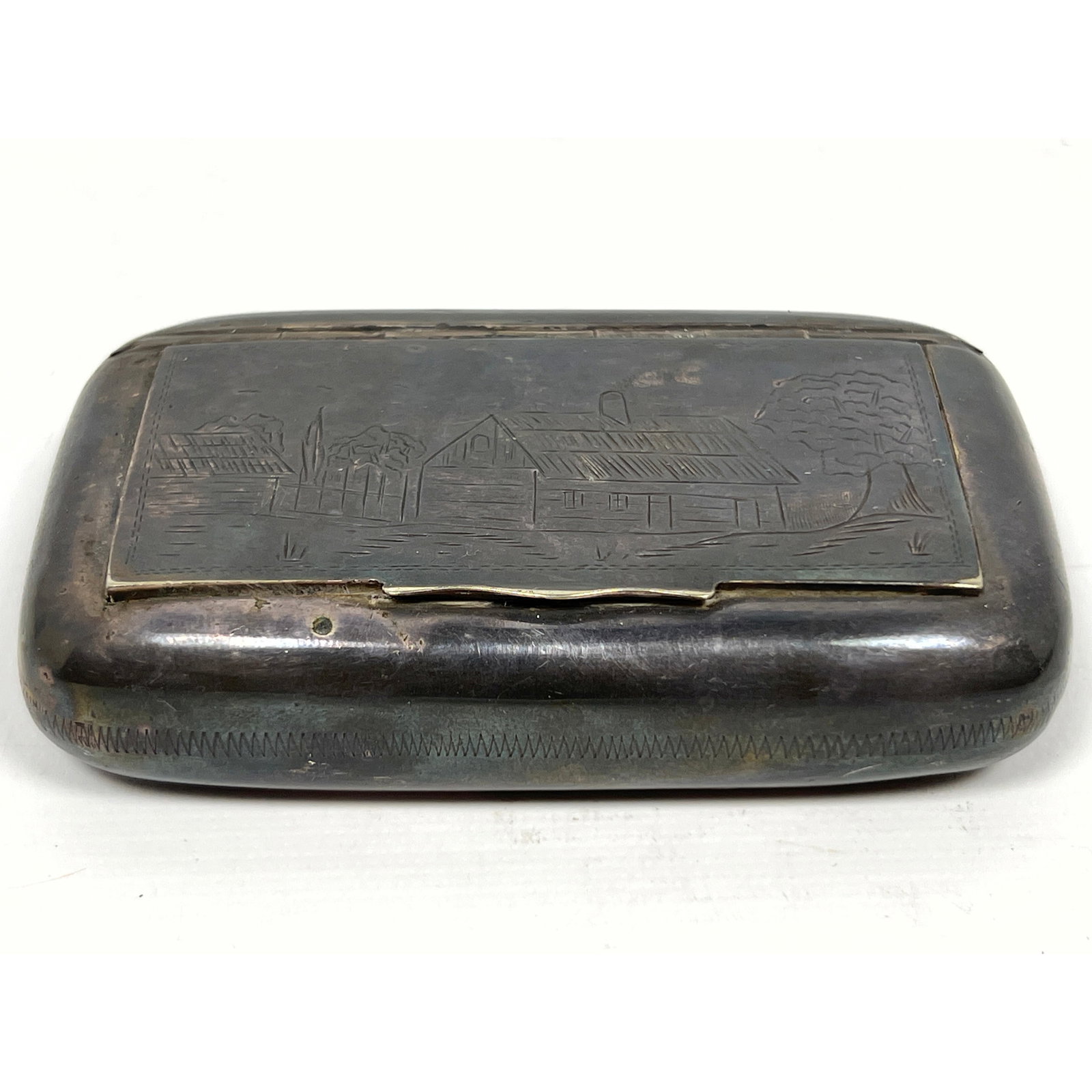 Engraved Sterling Silver Box Cigarette Case. Lid decorated with Engraved Building and Tree. Bottom h (1 of 13)
