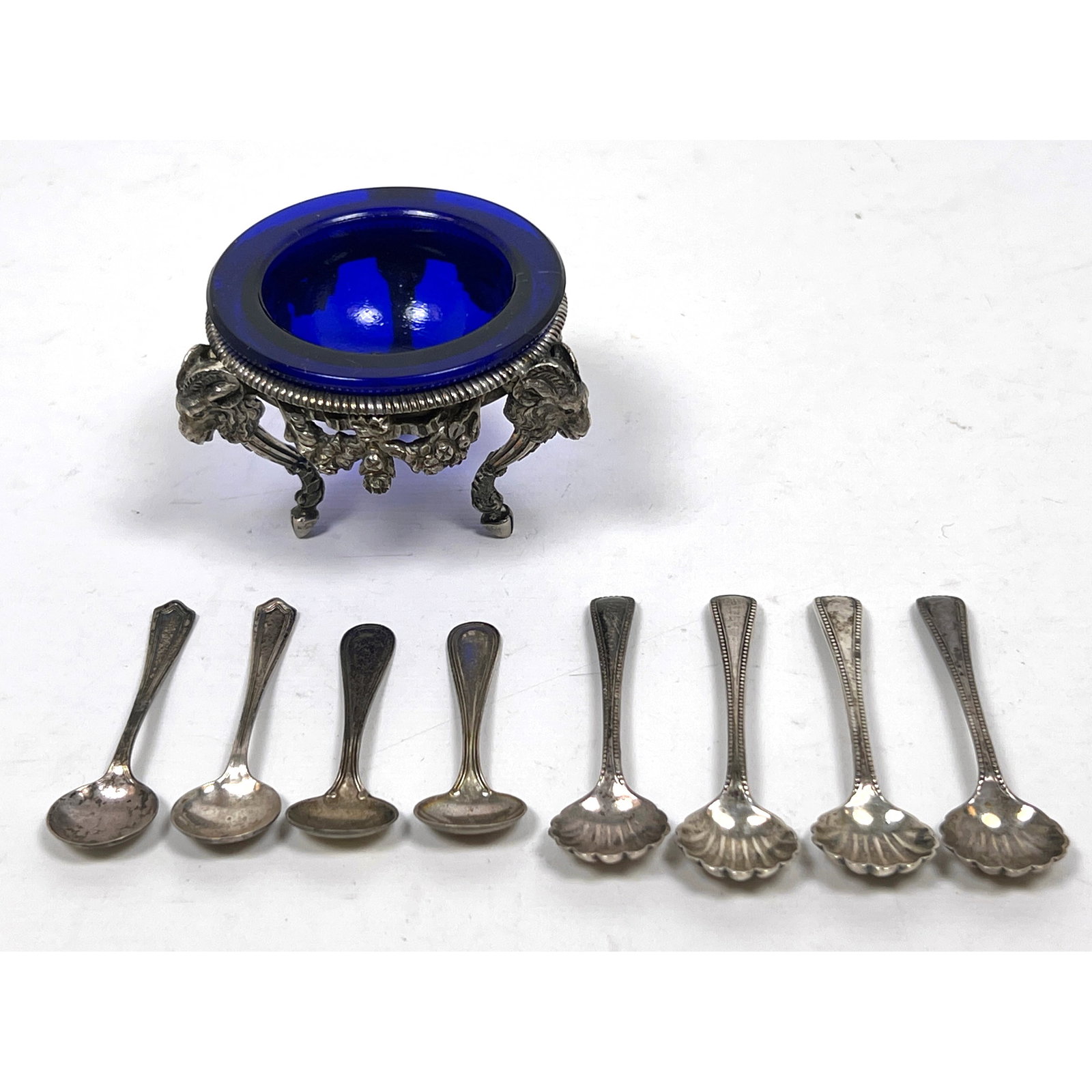 Sterling Cobalt Glass Master Salt and 8 Asst'd Spoons. Neoclassical style German Salt has Rams head (1 of 15)