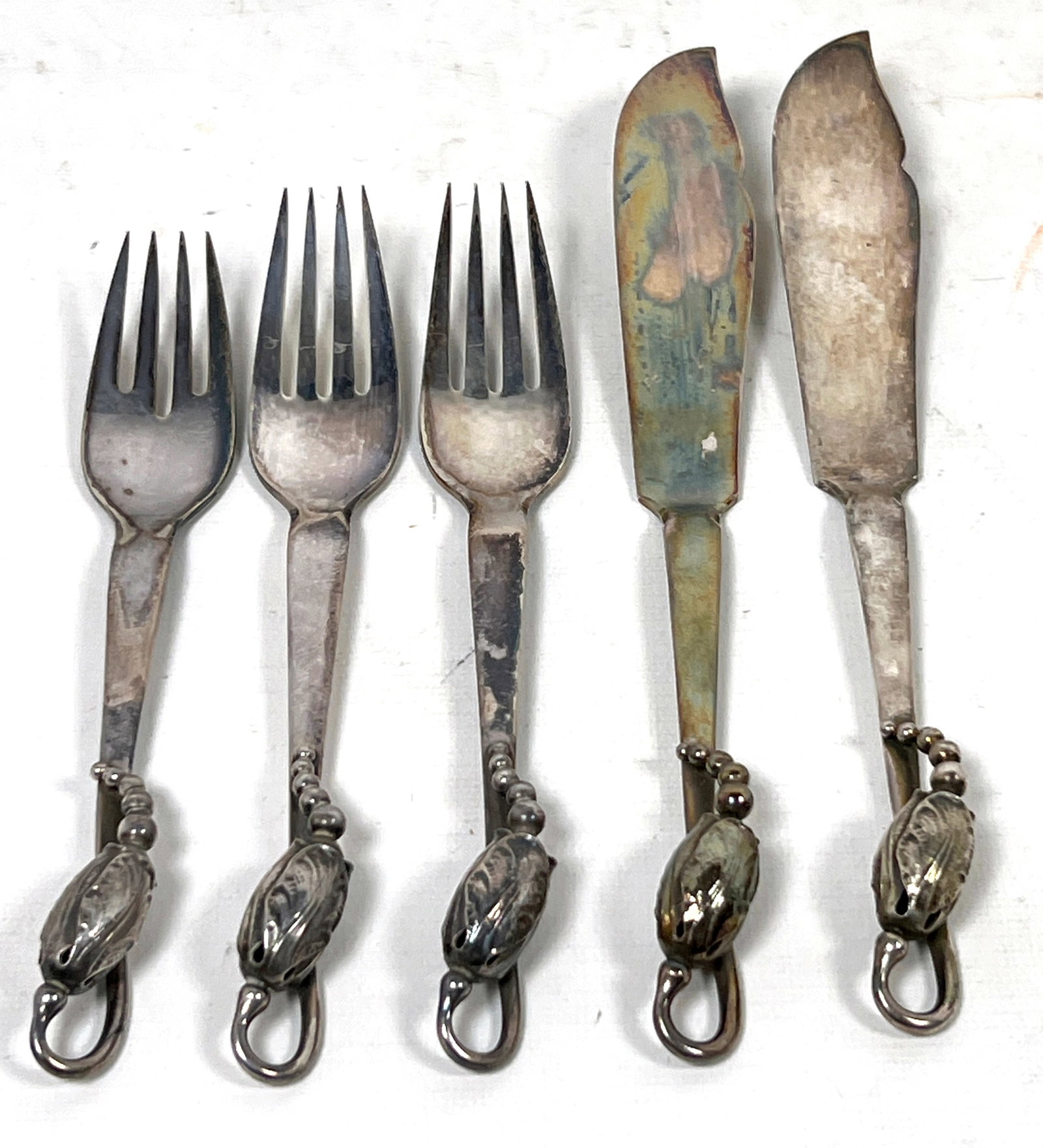 5pc Sterling Silver: 2 Georg Jensen Denmark 8 inch knives. 3 Georg Jensen sterling forks. Blossom Ma (1 of 14)