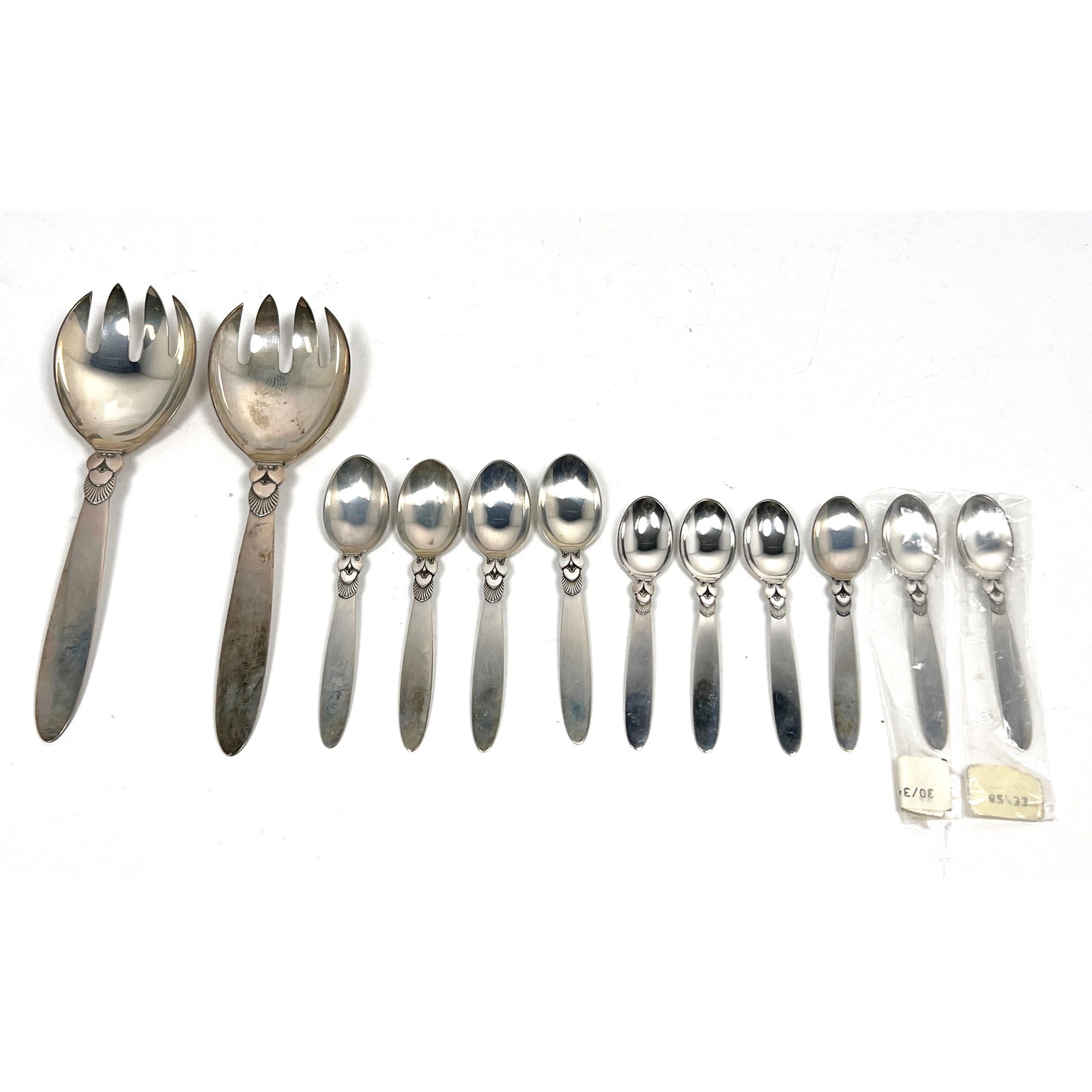 12 Pcs Georg Jensen Cactus Sterling. Salad serving spoons, 4 Spoons, 6 smaller spoons. Cactus Patte (1 of 17)