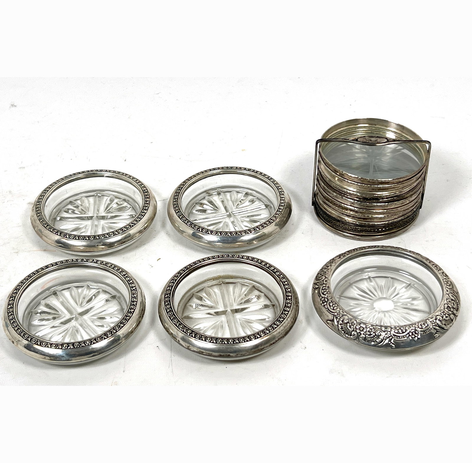 Vintage Sterling rimmed Coasters. 1 Set with Holder. (1 of 11)