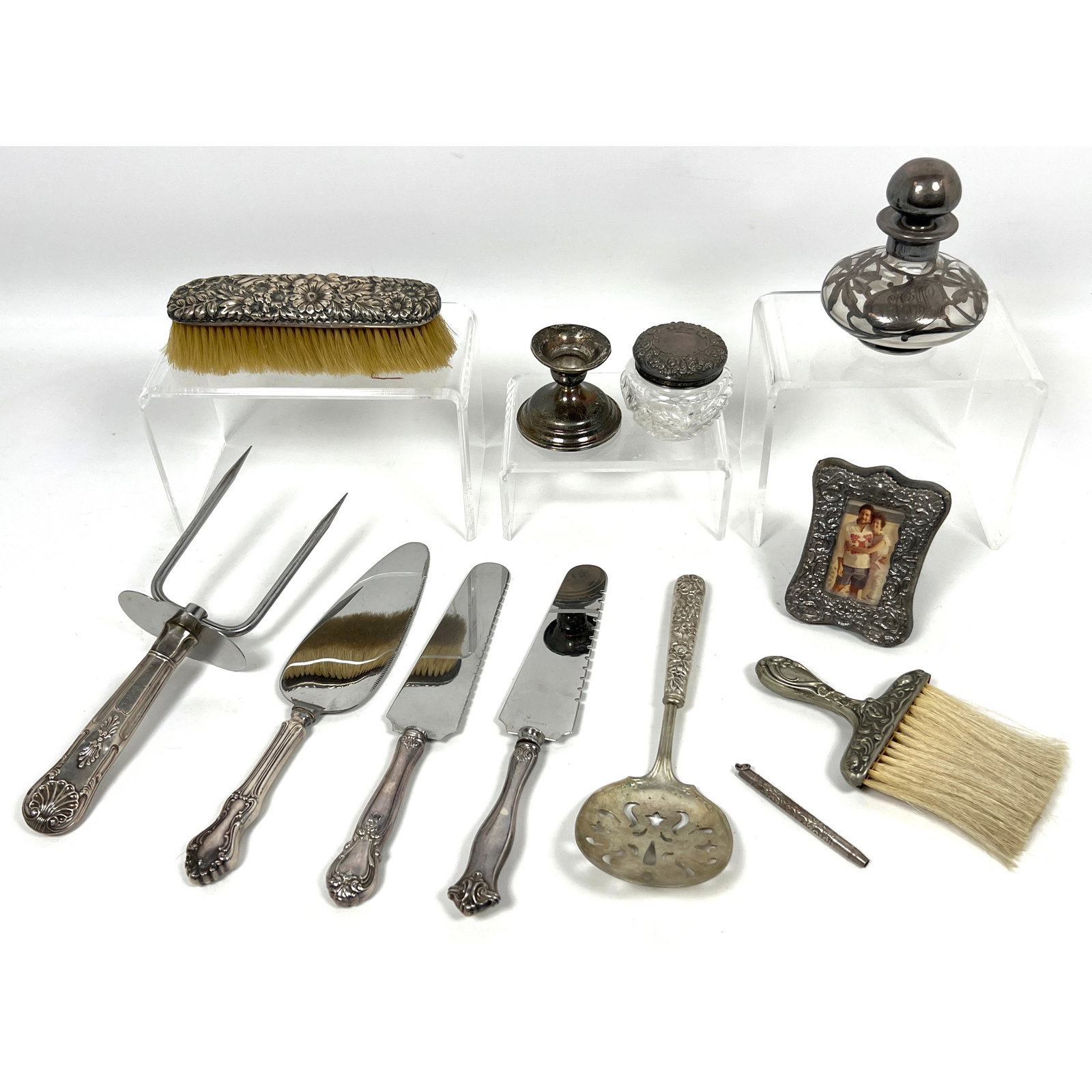 12 pcs Mixed Sterling Lot. Sterling overlay bottle, handled pieces, brush, candlestick, etc. (1 of 20)