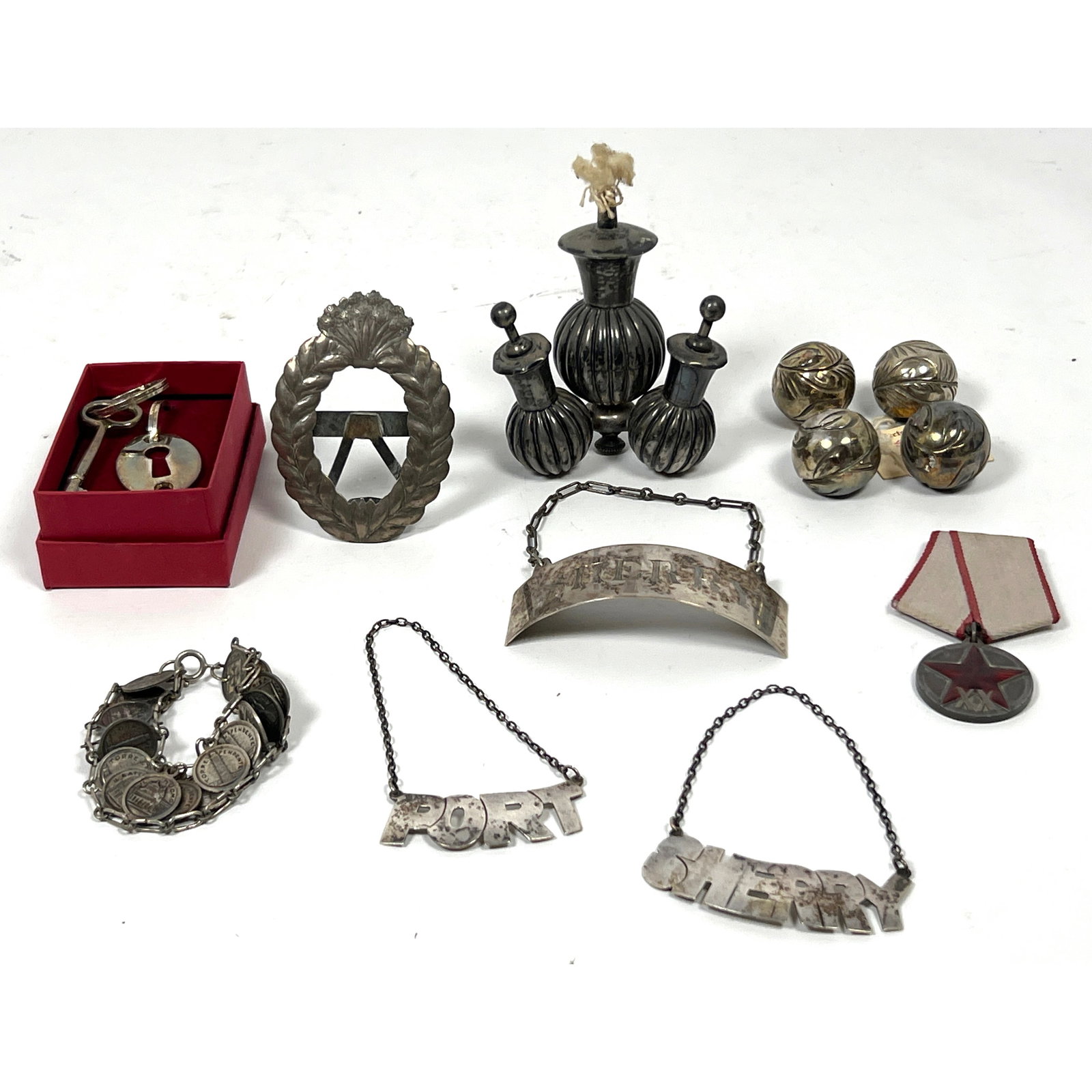 Mixed Silver Lot. Sterling lighter burner, Silver buttons, Sterling liqueur labels, Russian Metal. (1 of 20)